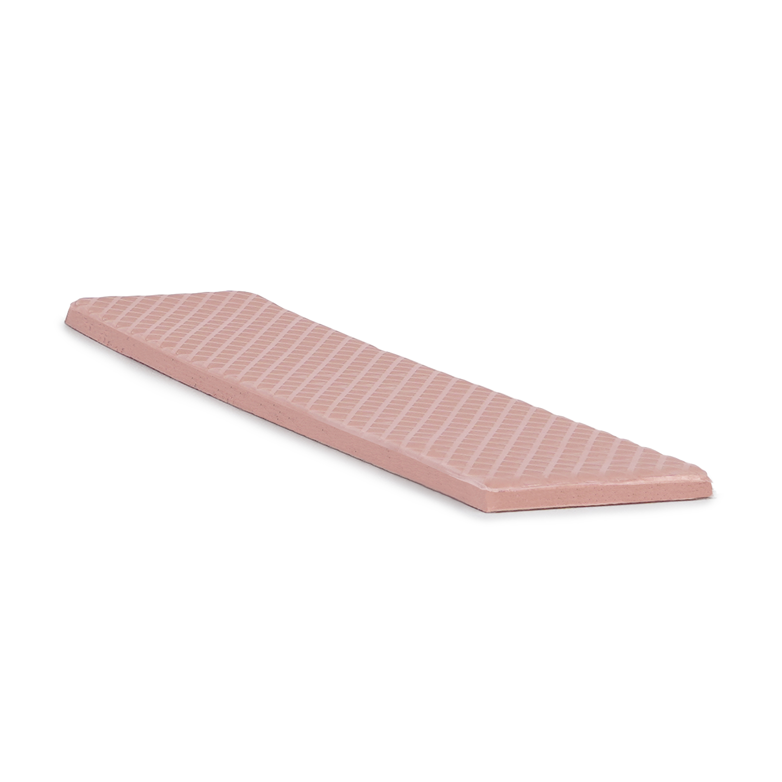 Un cuscinetto termico rosa con motivo a griglia su sfondo bianco.