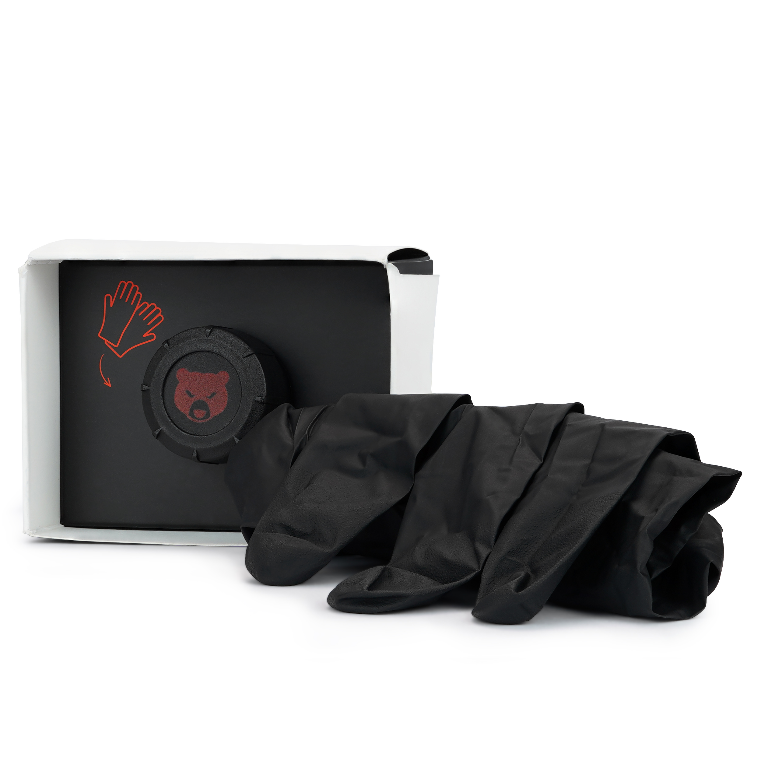 Eine weiße Box mit schwarzen Handschuhen. Die Box hat ein rotes Handschuhsymbol.