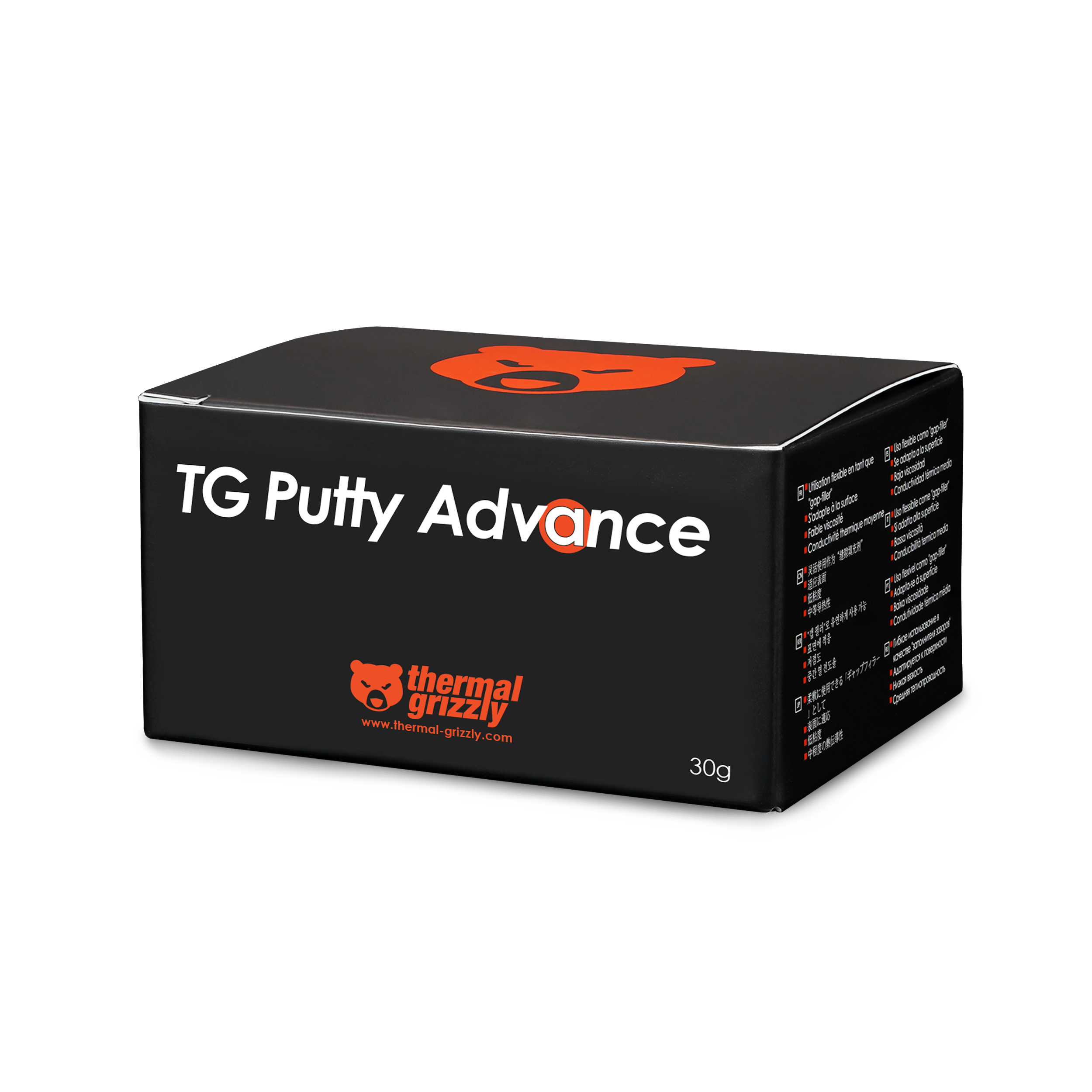 TG Putty Advance yazılı, turuncu ayı logolu ve ürün bilgilerinin bulunduğu siyah bir kutu, beyaz zemin üzerinde.