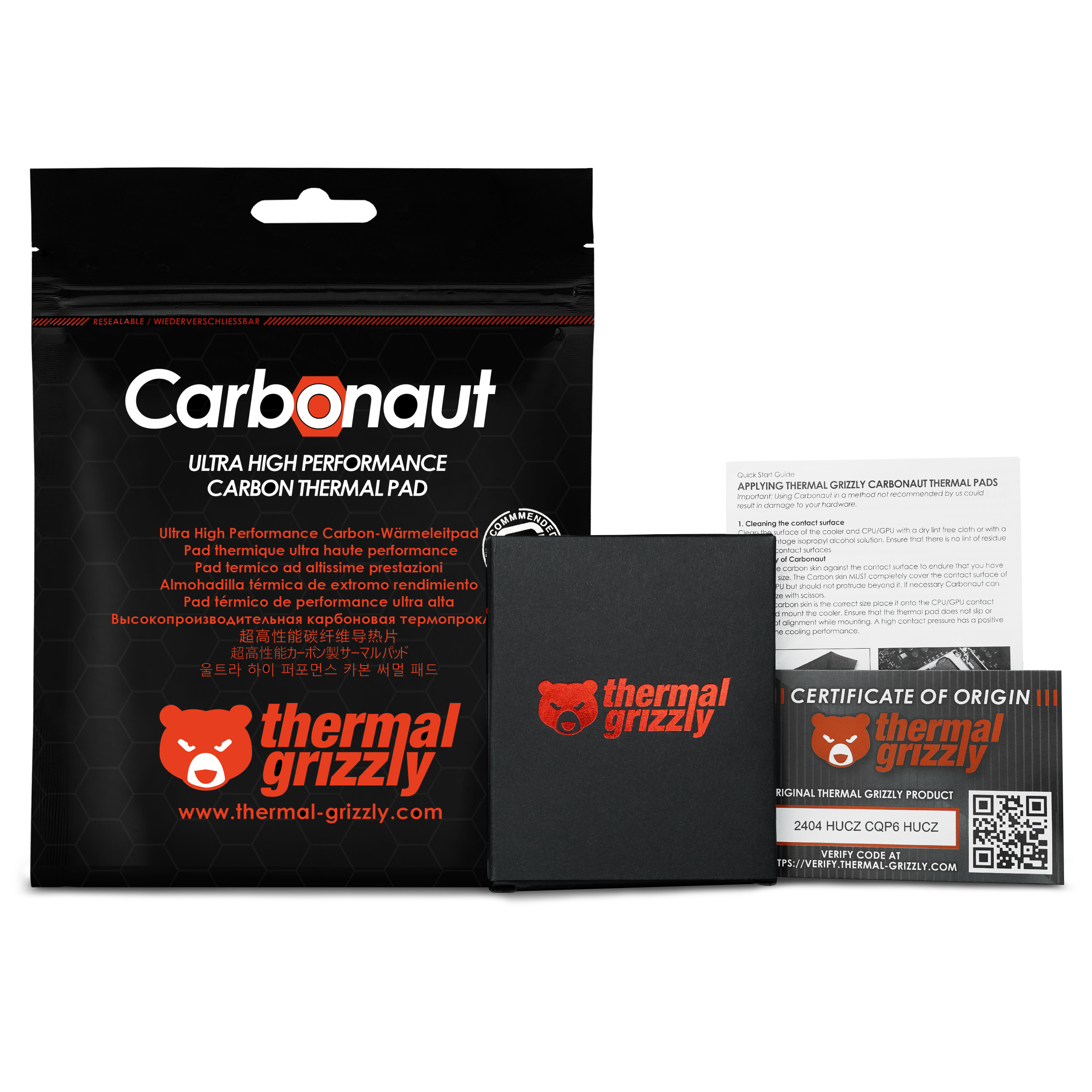 Eine schwarze und rote Carbonaut-Verpackung mit Dokumenten und Logos. Text 'thermal grizzly' und Website sichtbar.
