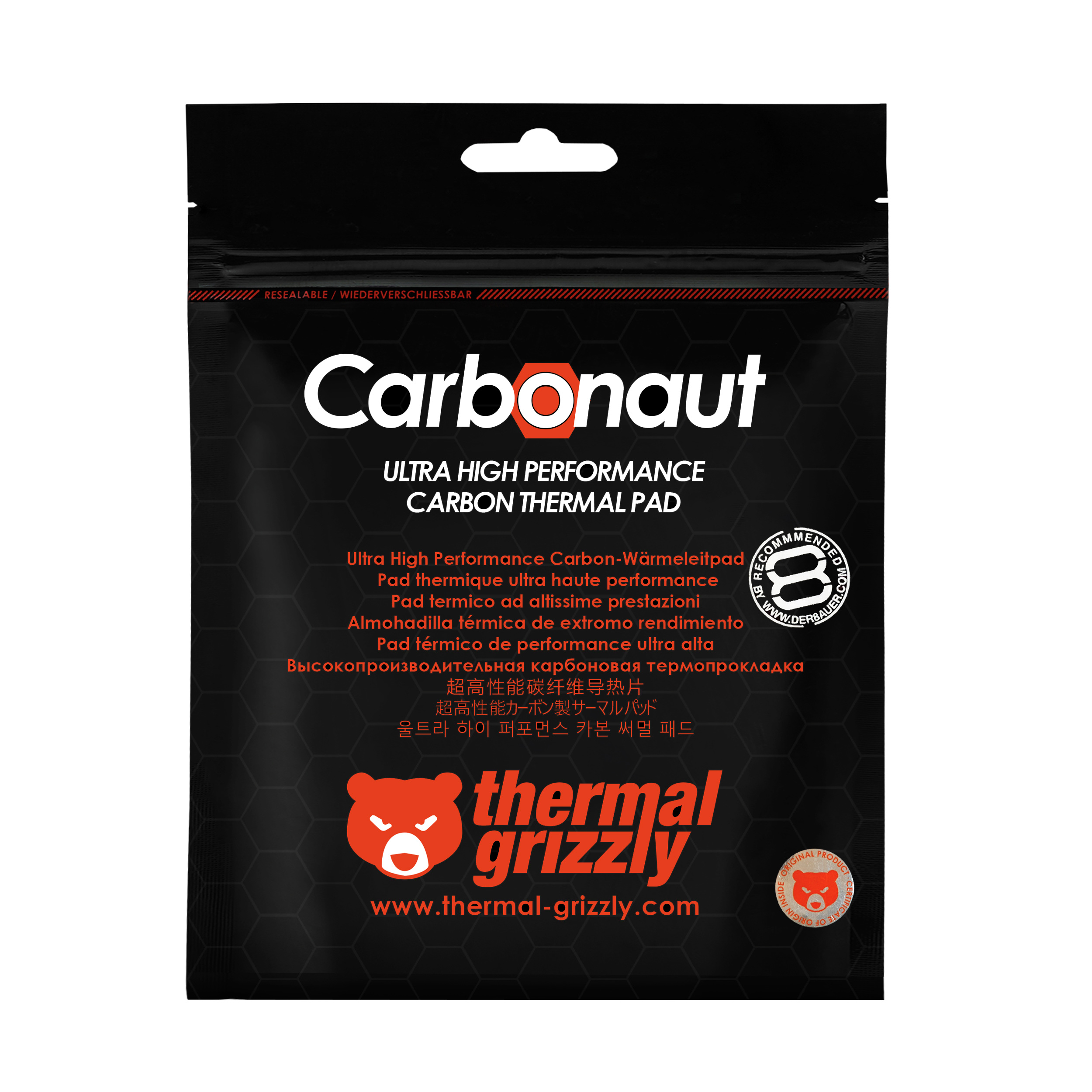 Schwarze Verpackung eines Carbon-Wärmeleitpads mit 'Carbonaut' und 'thermal grizzly' Branding.