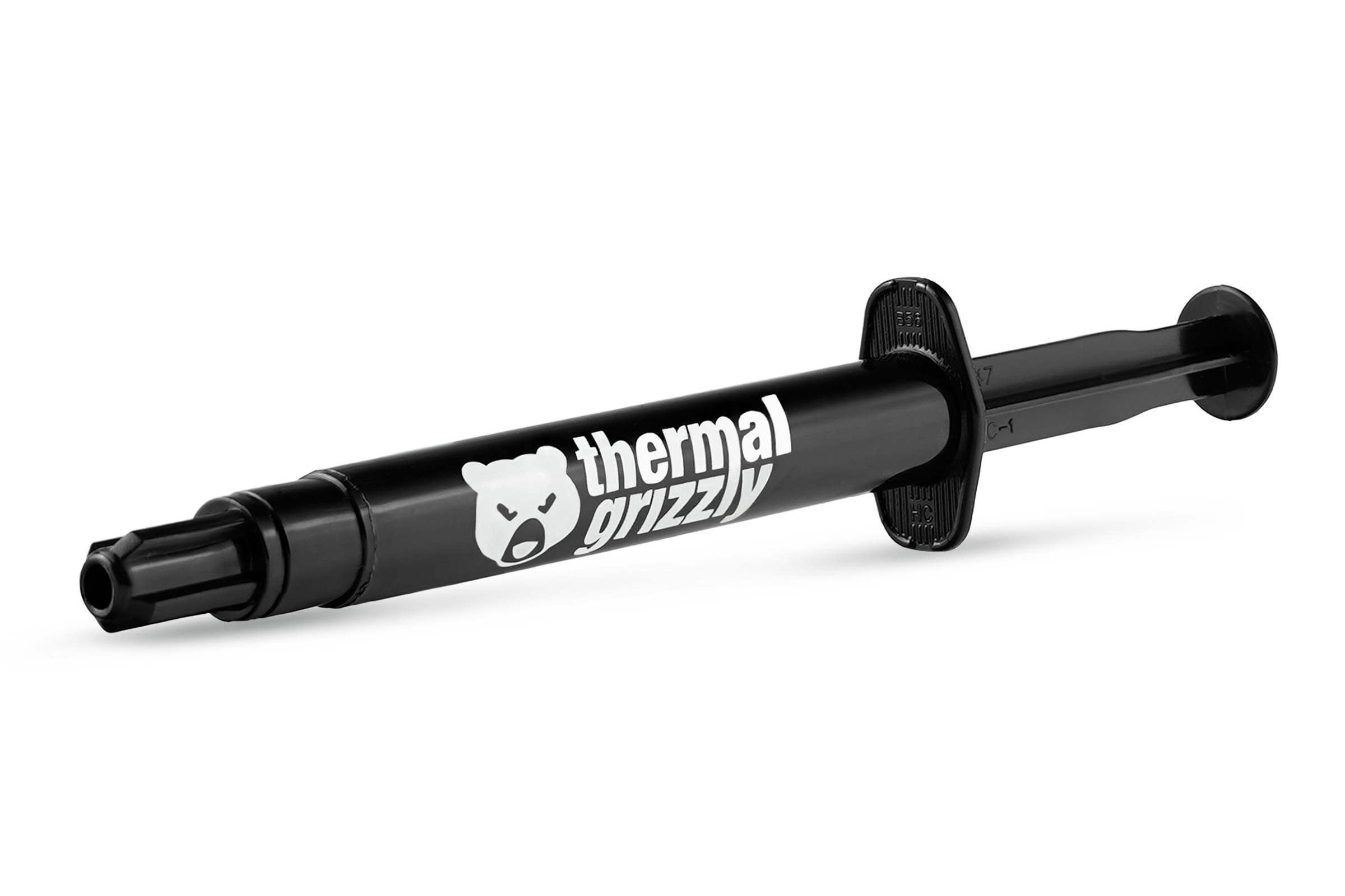 Jeringa negra con la marca thermal grizzly. La jeringa está llena de pasta térmica.