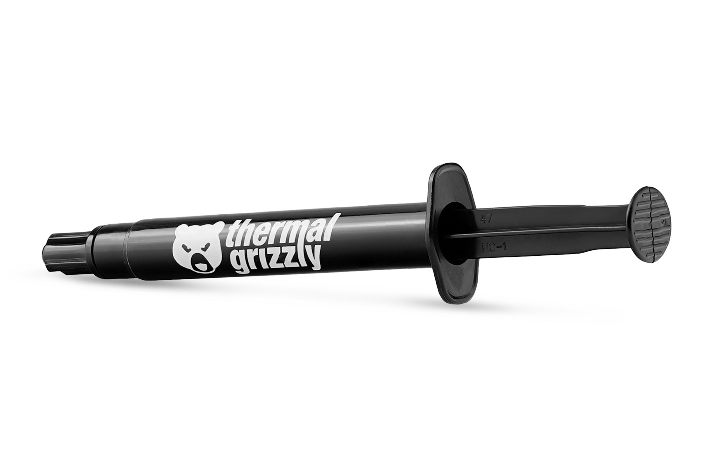 Jeringa negra con logo 'thermal grizzly'. Jeringa inclinada a la derecha sobre fondo blanco. 'HC-1' impreso.