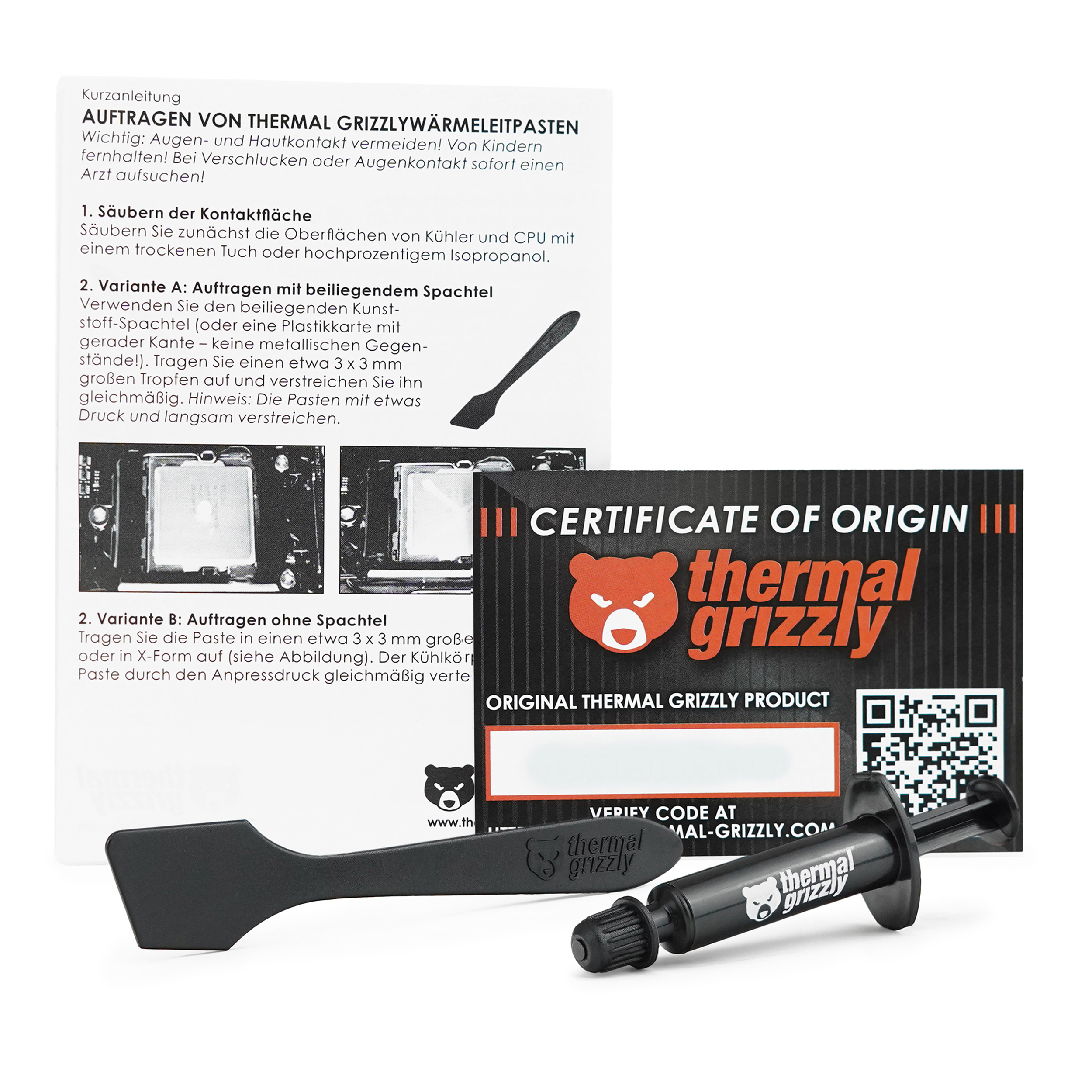 Anweisungen zur Anwendung von Thermal Grizzly Wärmeleitpaste. Enthält Spatel, Paste und Herkunftszertifikat.