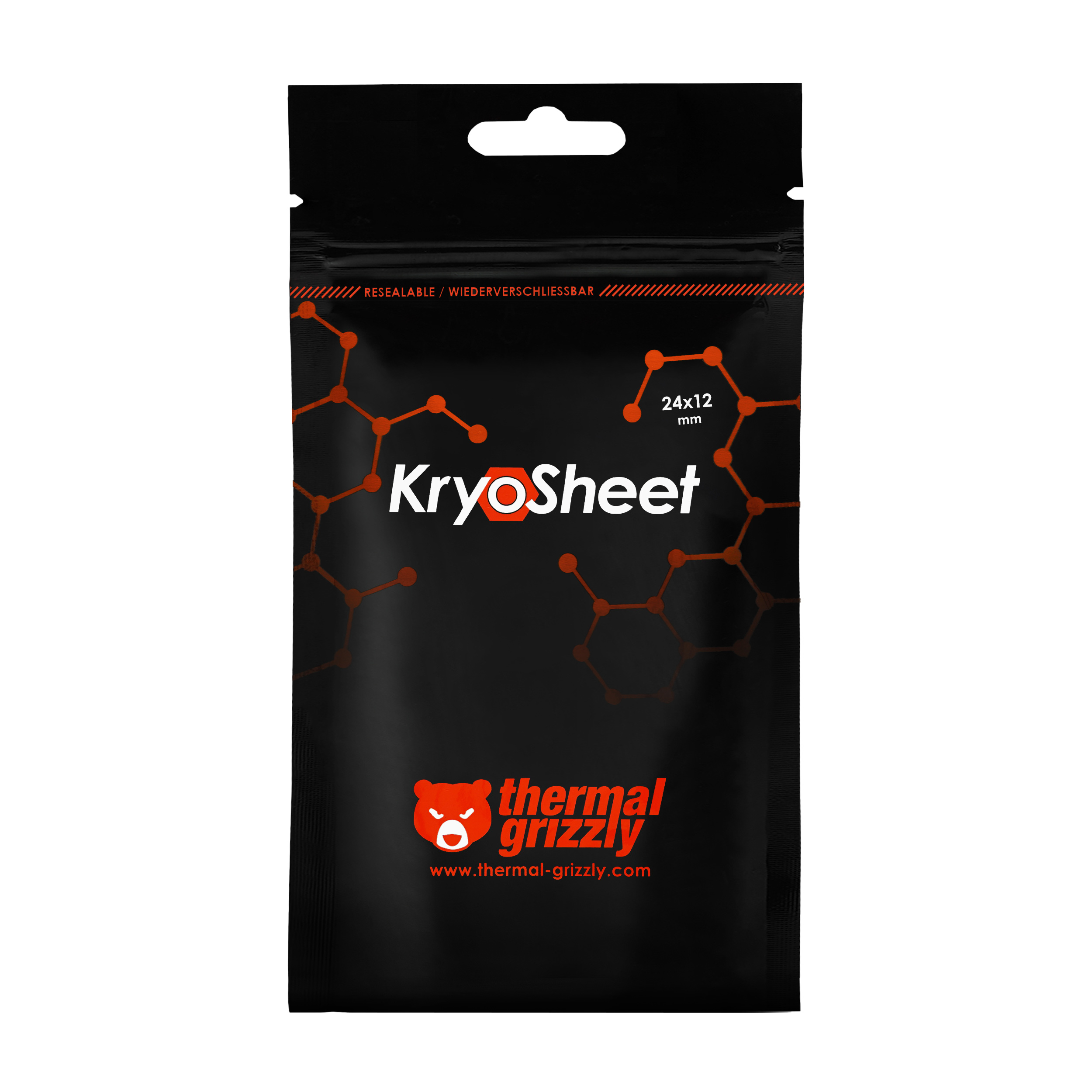 Logo ve 'KryoSheet' ve 'thermal grizzly' yazılı siyah KryoSheet ambalajı. 24x12 mm işaretli.