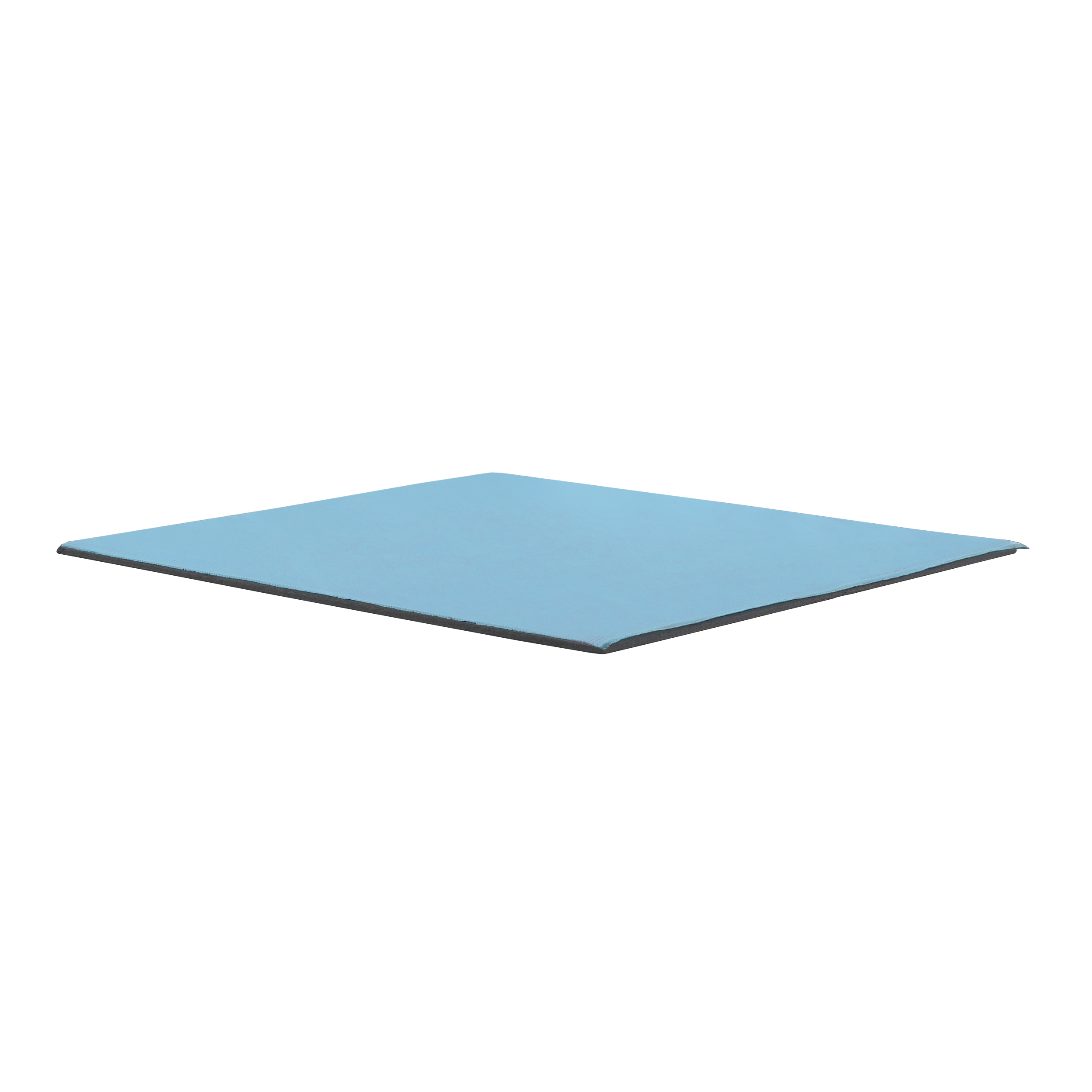 Ein blaues quadratisches Wärmeleitpad auf schwarzem Hintergrund. Es hat eine flache Oberfläche.
