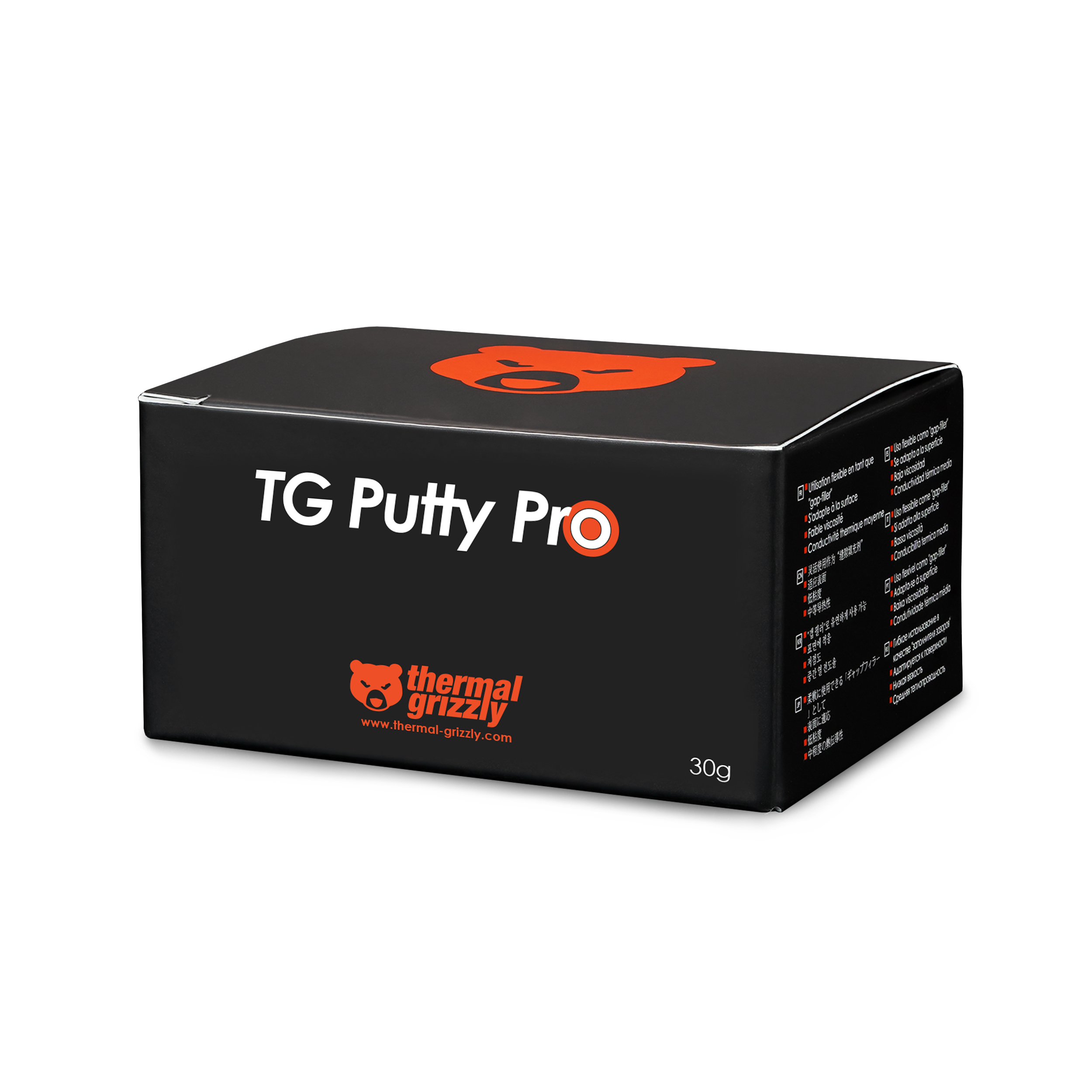 Schwarze Box mit Text 'TG Putty Pro' und 'thermal grizzly' Logo. Die Box befindet sich auf weißem Hintergrund.