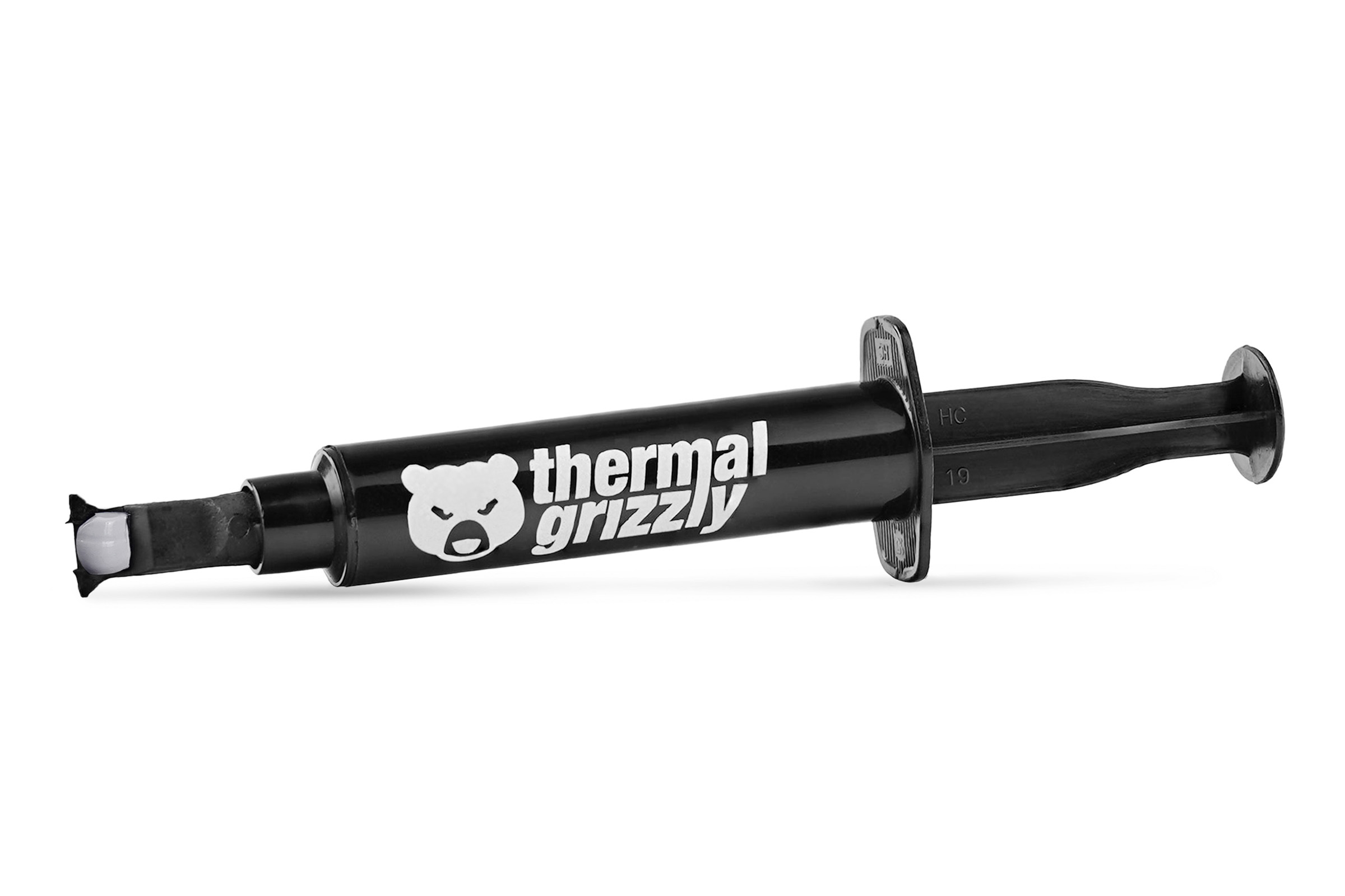 Una siringa di pasta termica nera con il logo 'thermal grizzly'.