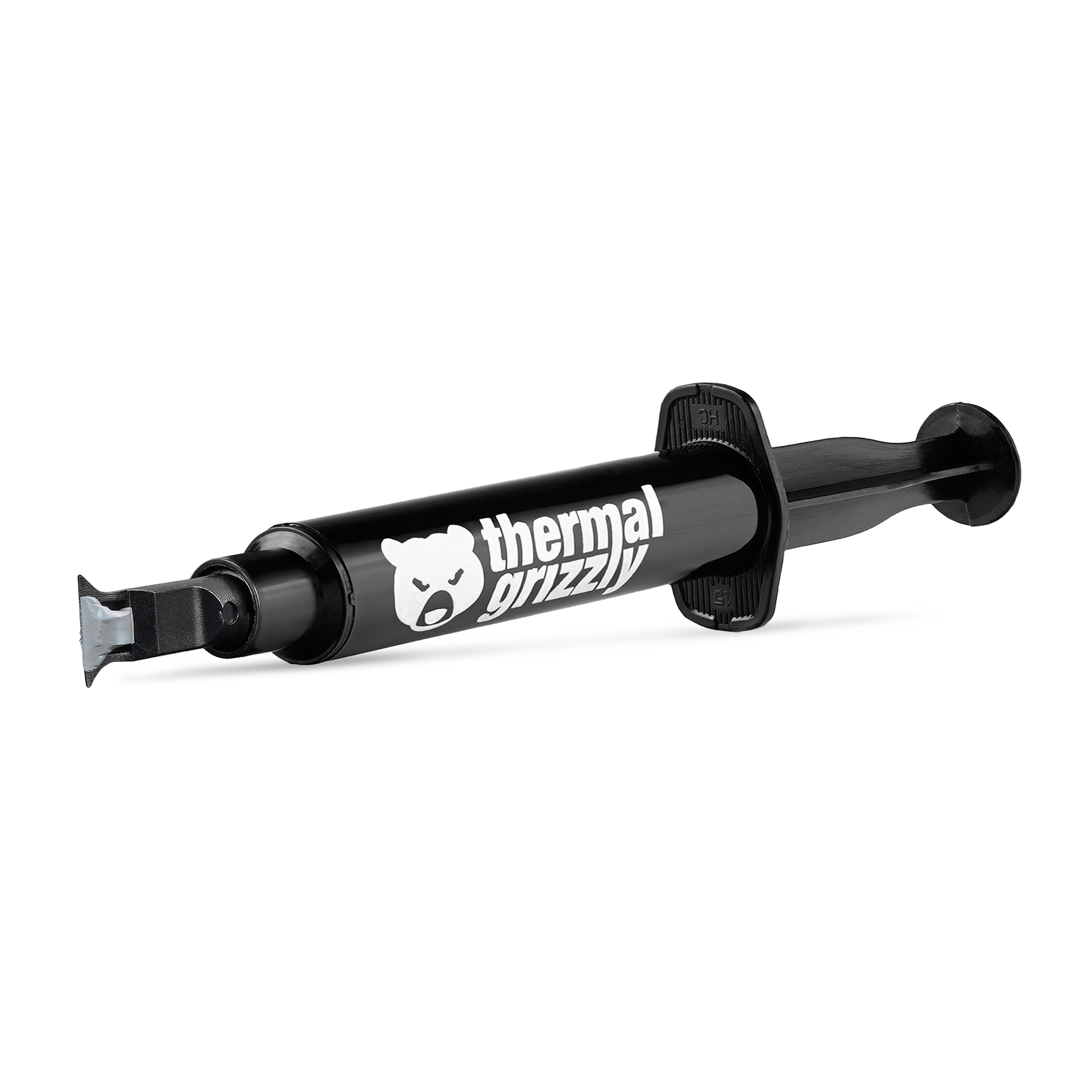 Jeringa negra Thermal Grizzly de pasta térmica, con logo blanco y tapón.