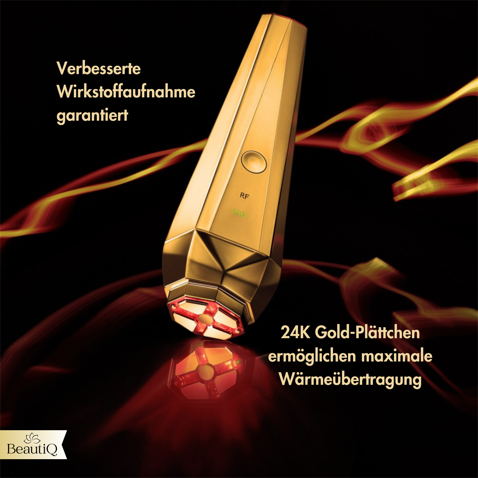 Goldenes Gesichtsgerät mit rotem Licht. Das Produkt wird mit einer Reflexion dargestellt.