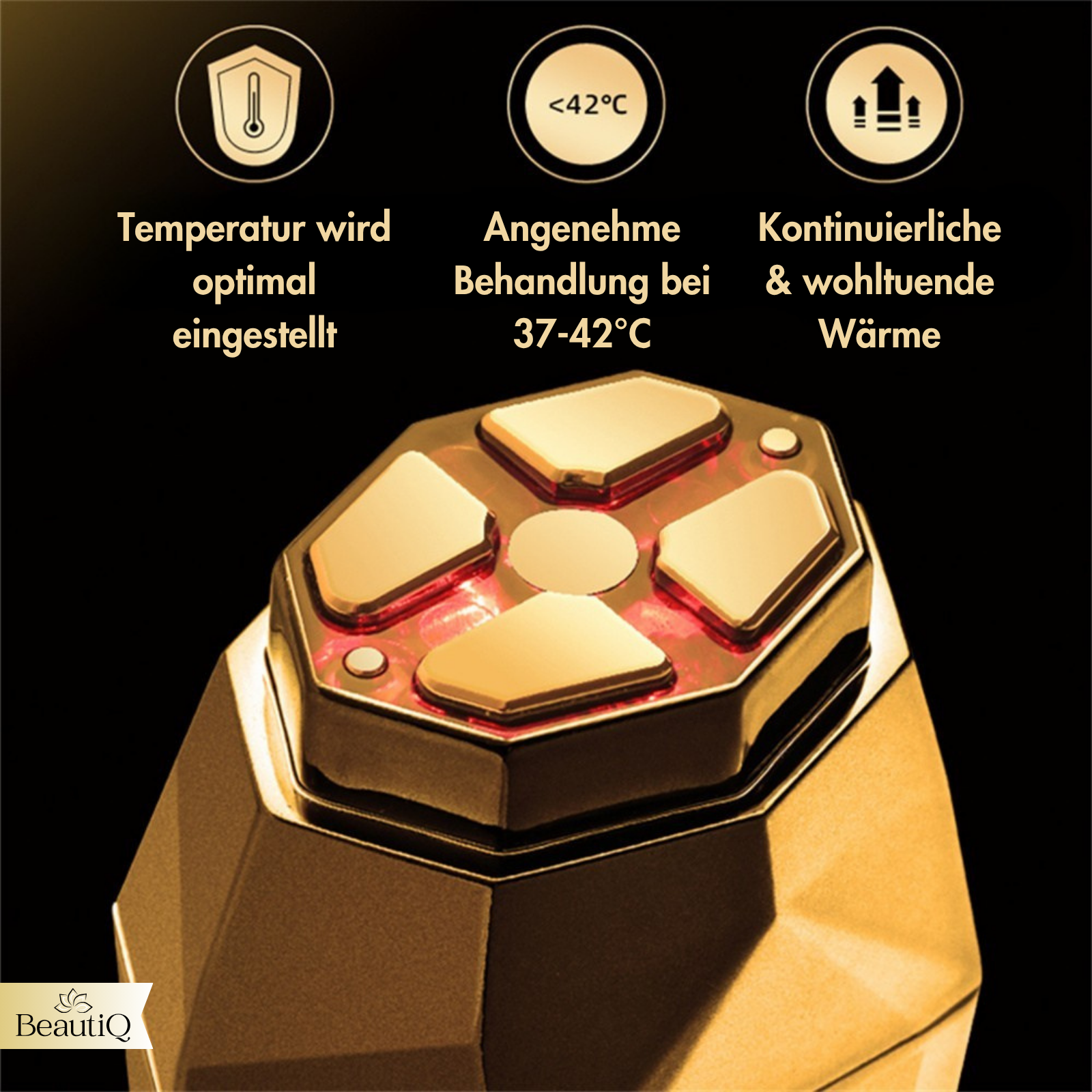 Nahaufnahme eines goldenen Geräts mit vier beleuchteten Knöpfen. Text beschreibt die Temperatur.