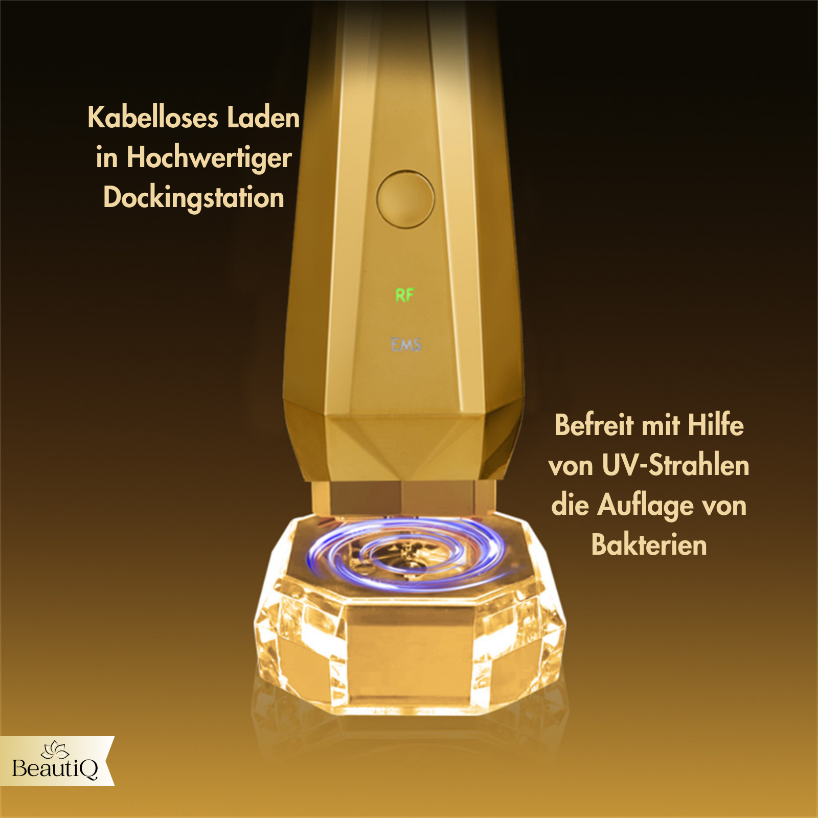 Goldenes Gerät mit Diamantenform. Text auf Deutsch beschreibt die Funktionen des Geräts.