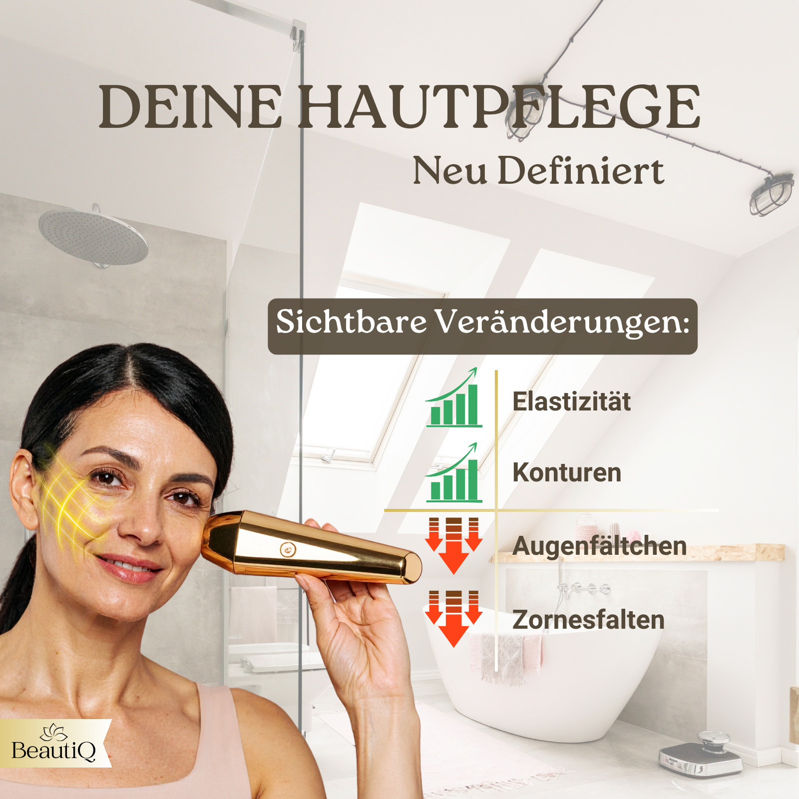 Eine Frau benutzt ein goldenes Schönheitsgerät. Text beschreibt Hautveränderungen, einschließlich Elastizität und Falten.