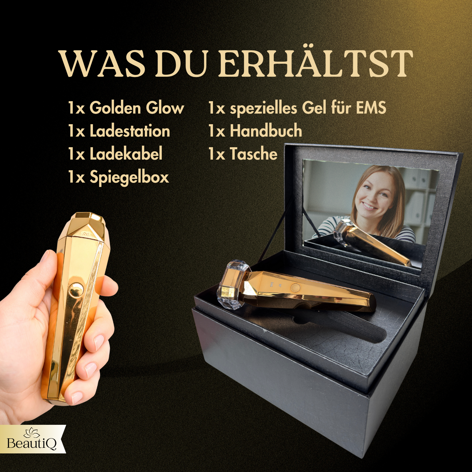 Eine Hand hält ein goldenes Schönheitsgerät mit einer Spiegelbox und Zubehör. Text listet die enthaltenen Artikel auf.