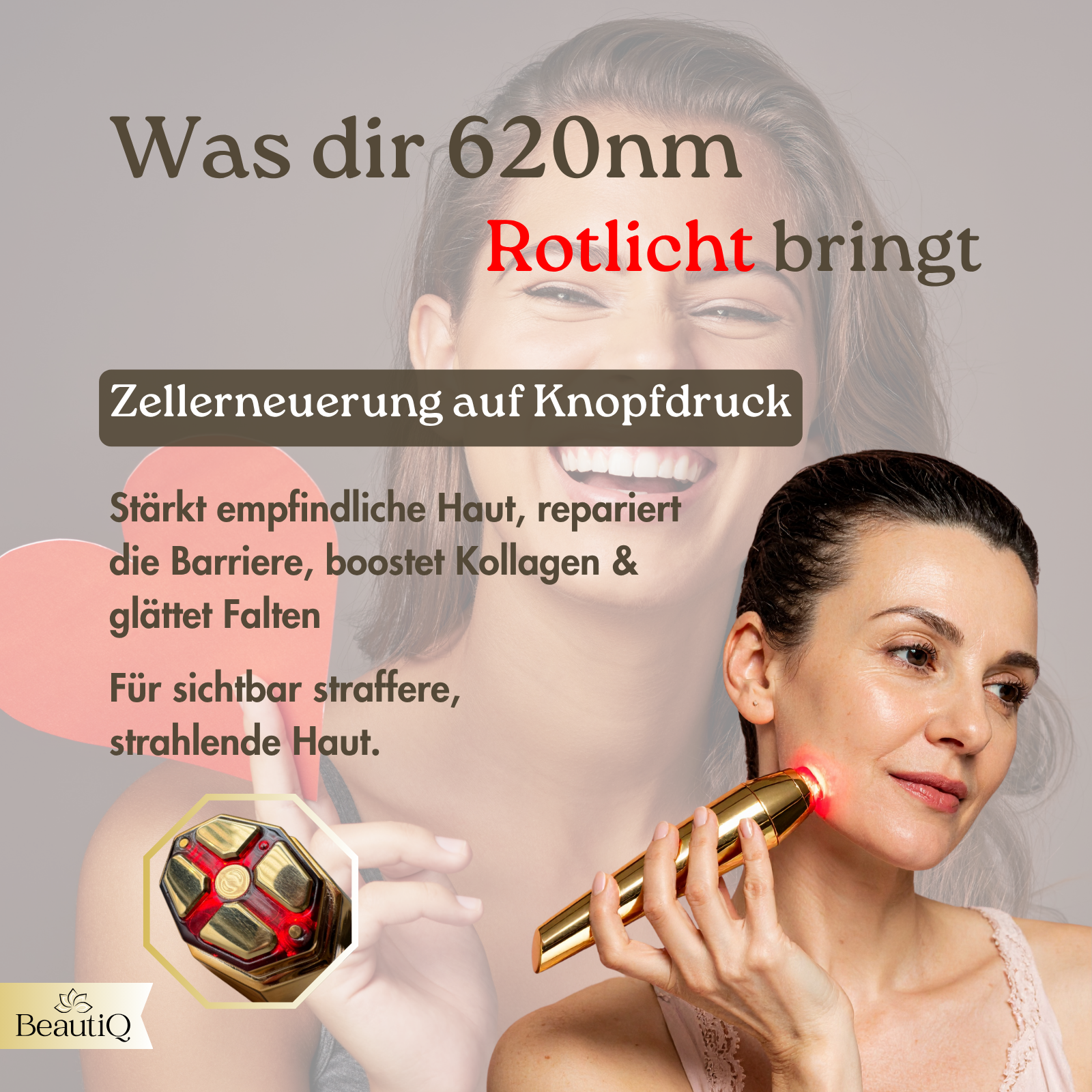 Frau mit Rotlichtgerät im Gesicht. Text über die Vorteile für die Haut.
