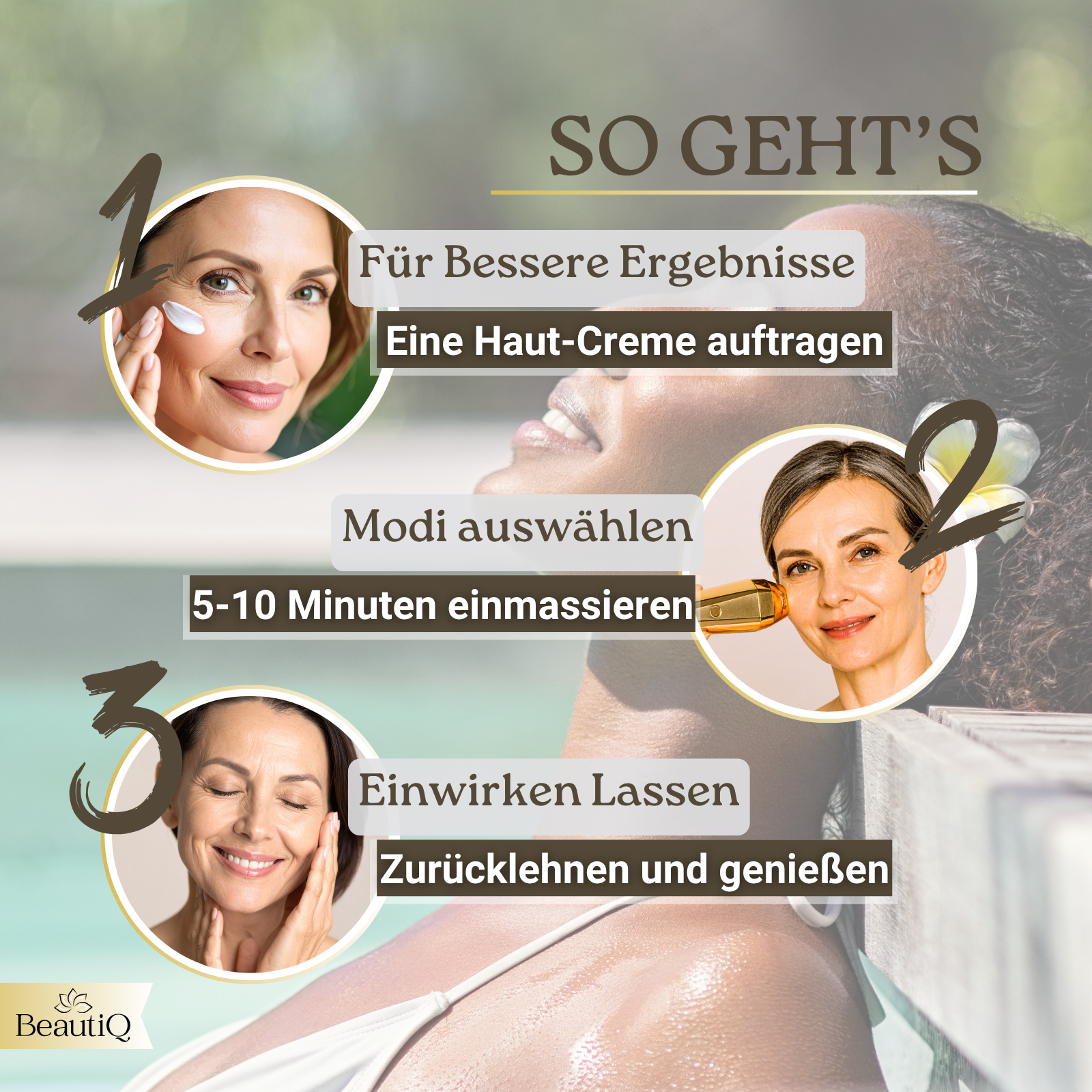 Bild zeigt Schritte zum Auftragen von Creme auf die Haut mit einem Gerät und Entspannen.