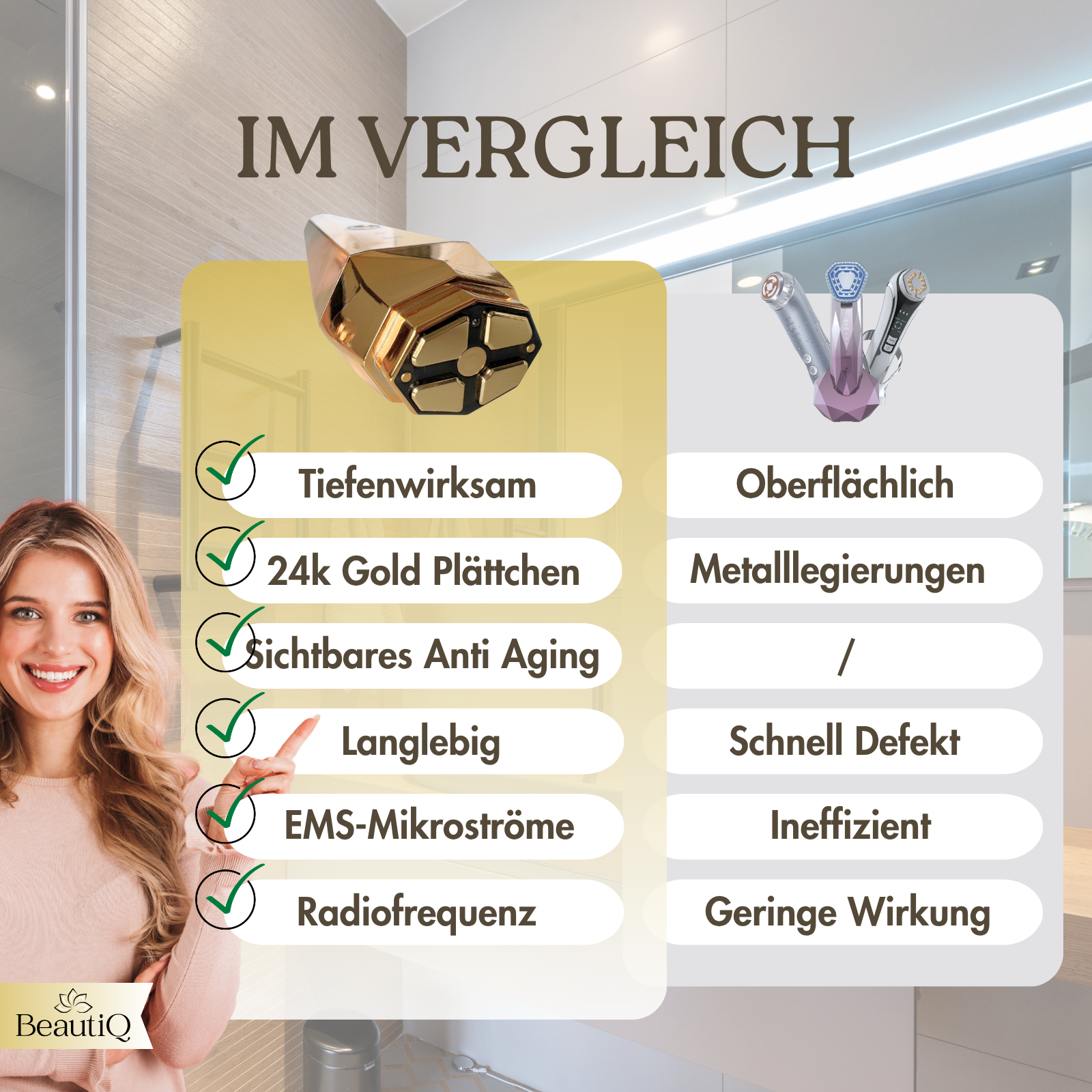Vergleichstabelle von Gesichtsgeräten. Ein Gold, die anderen drei in Pink.