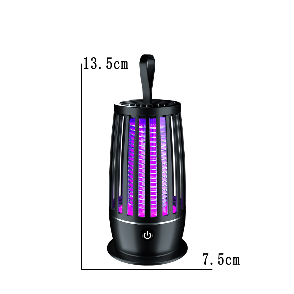 Ein zylindrischer, schwarzer Insektenvernichter mit violetten UV-Lichtern und den Maßen 13,5 cm hoch und 7,5 cm breit.