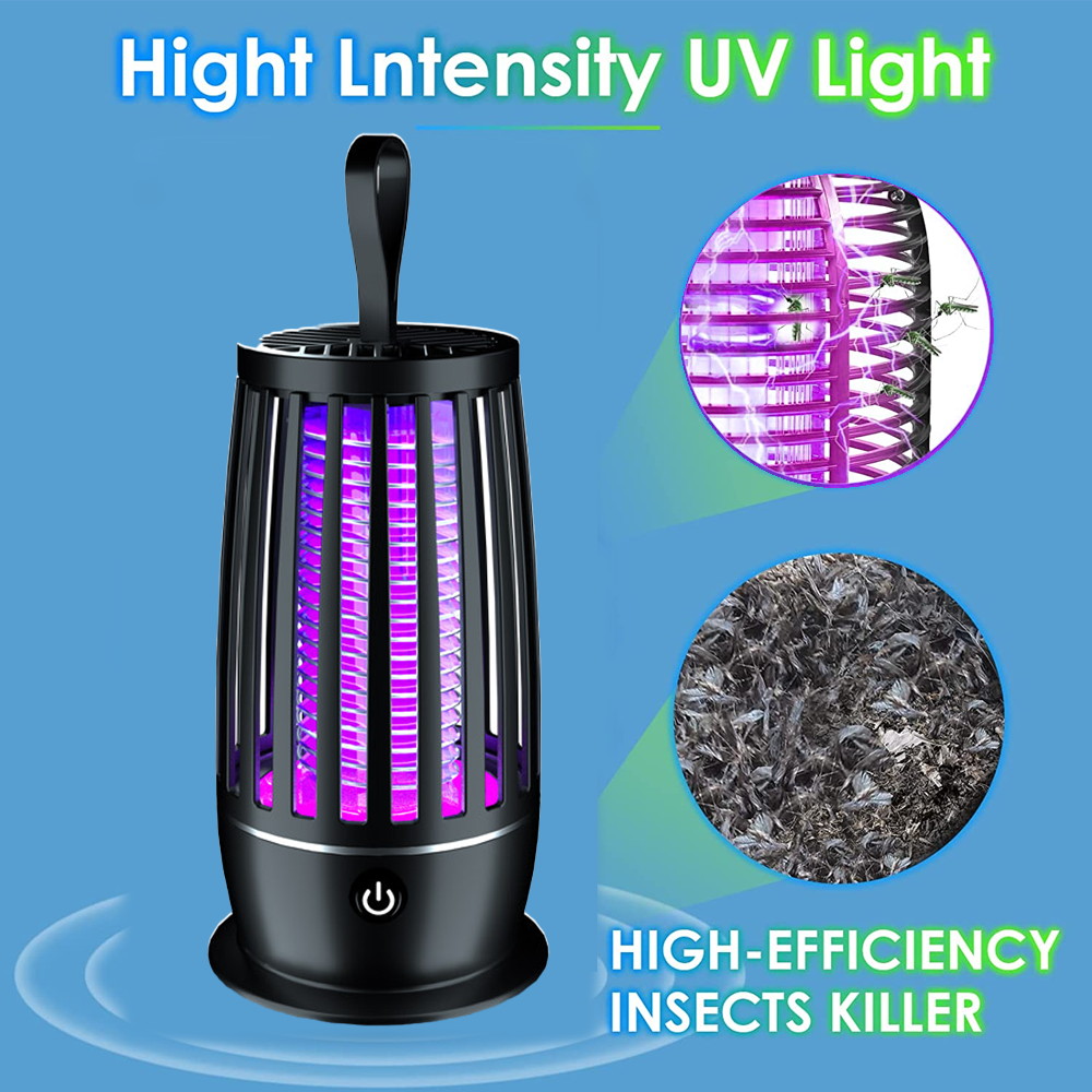 Ein schwarzer Insektenvernichter mit lila Licht, umgeben von blauem Hintergrund und Bildern von Insekten und Ablagerungen.