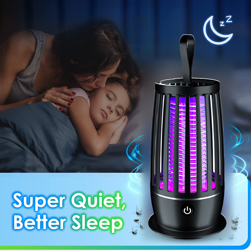 Eine Mutter und Tochter im Bett, rechts eine Moskitofalle. Text: 'Super Quiet, Better Sleep'.