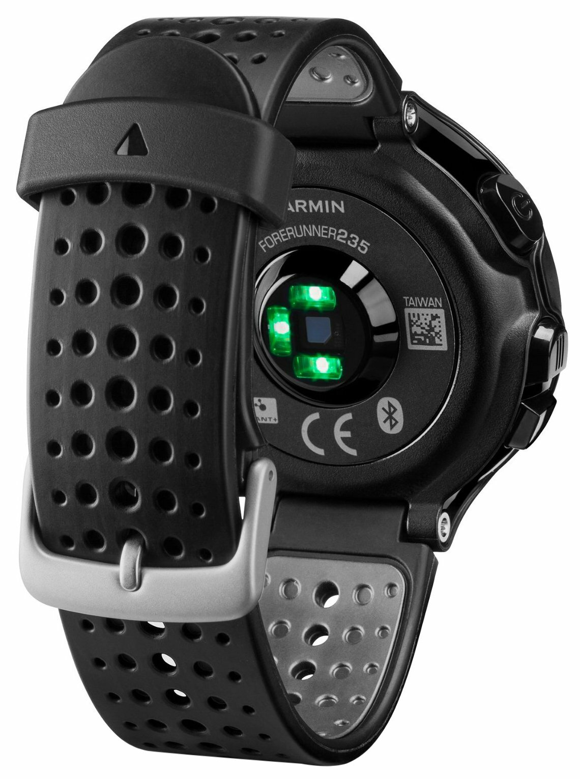 Nahaufnahme der Rückseite einer schwarzen Garmin Forerunner 235 Smartwatch mit schwarzem Armband.