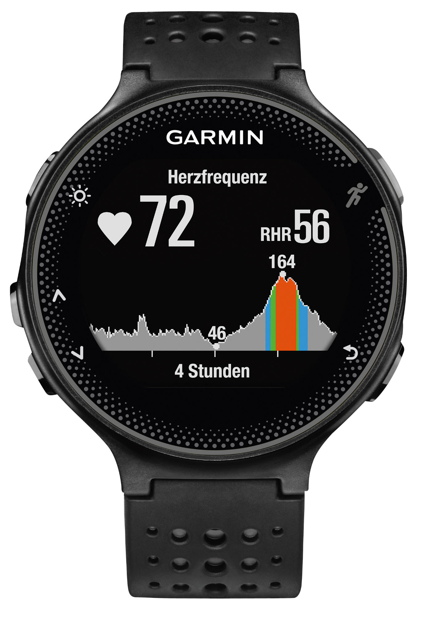 Eine schwarze Garmin Smartwatch mit Herzfrequenz-Monitor-Anzeige, die Daten und ein Diagramm zeigt. Schwarzes Armband sichtbar.