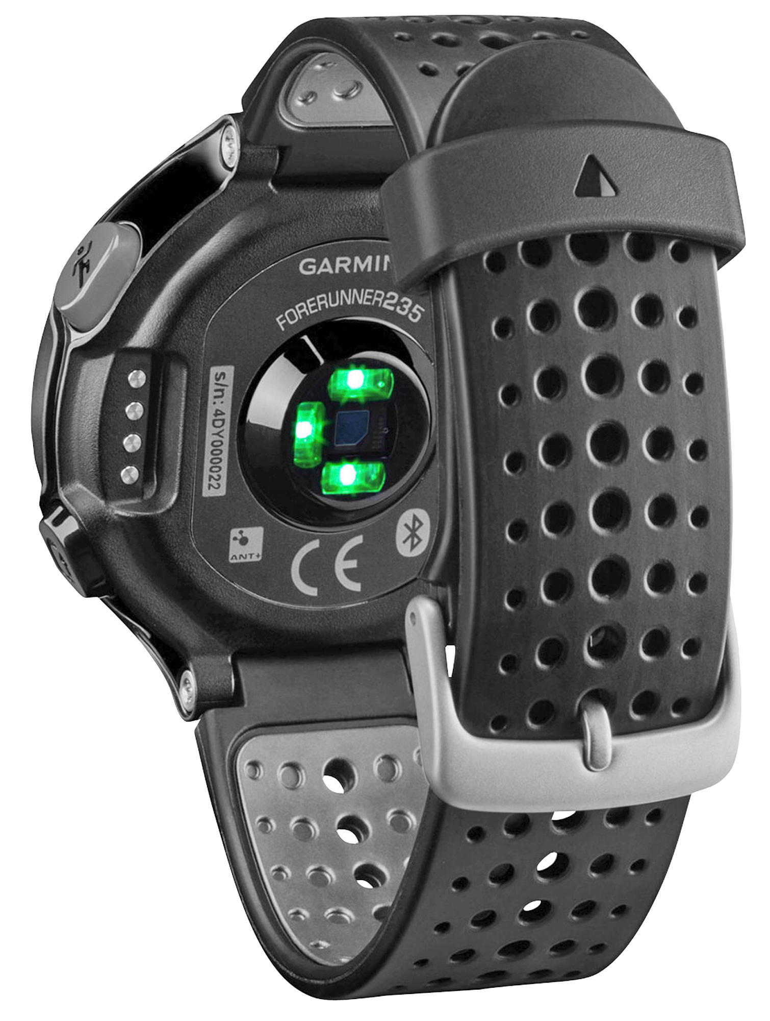 Rückansicht einer schwarzen Sportuhr mit schwarzem Armband. Grüne Lichter sind sichtbar.
