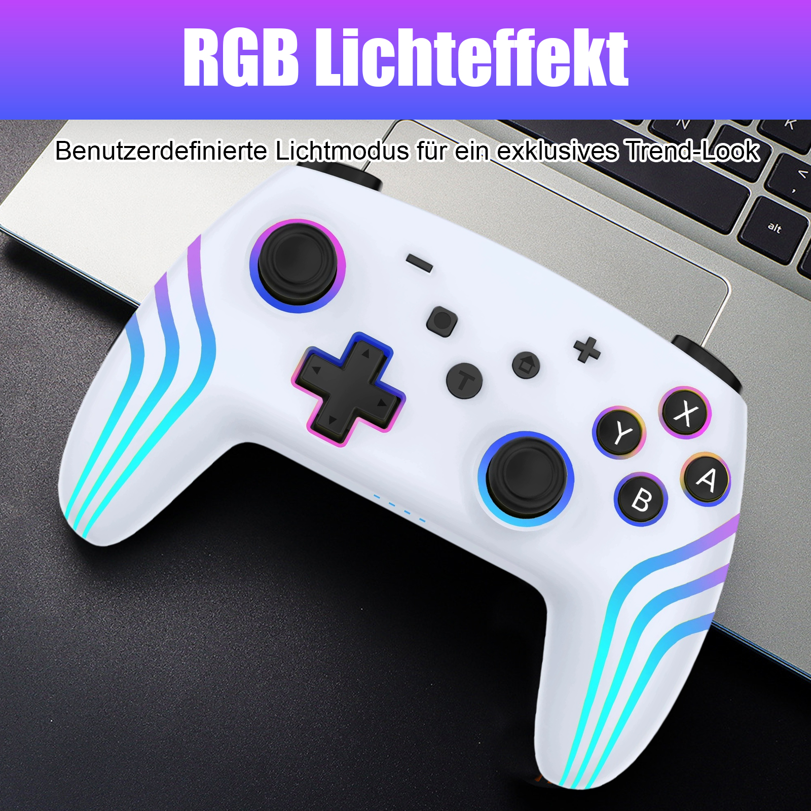 Ein weißer Gamecontroller mit bunten Lichtern auf einem Tisch, mit Text oben. Der Controller hat Knöpfe.