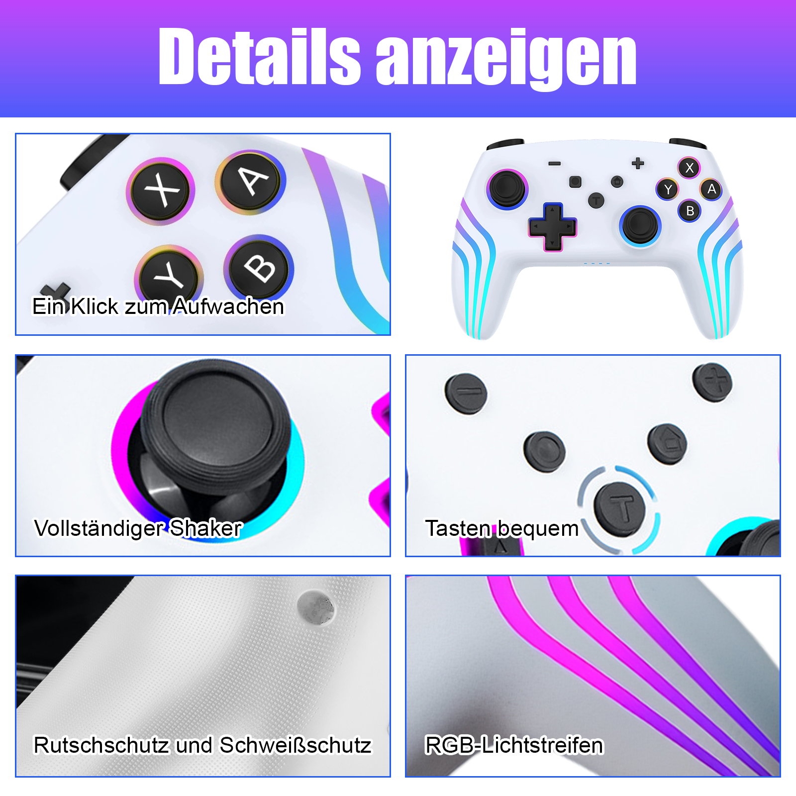 Eine Collage des weißen Gamecontrollers. Es gibt Nahaufnahmen der Knöpfe und Details des Controllers.