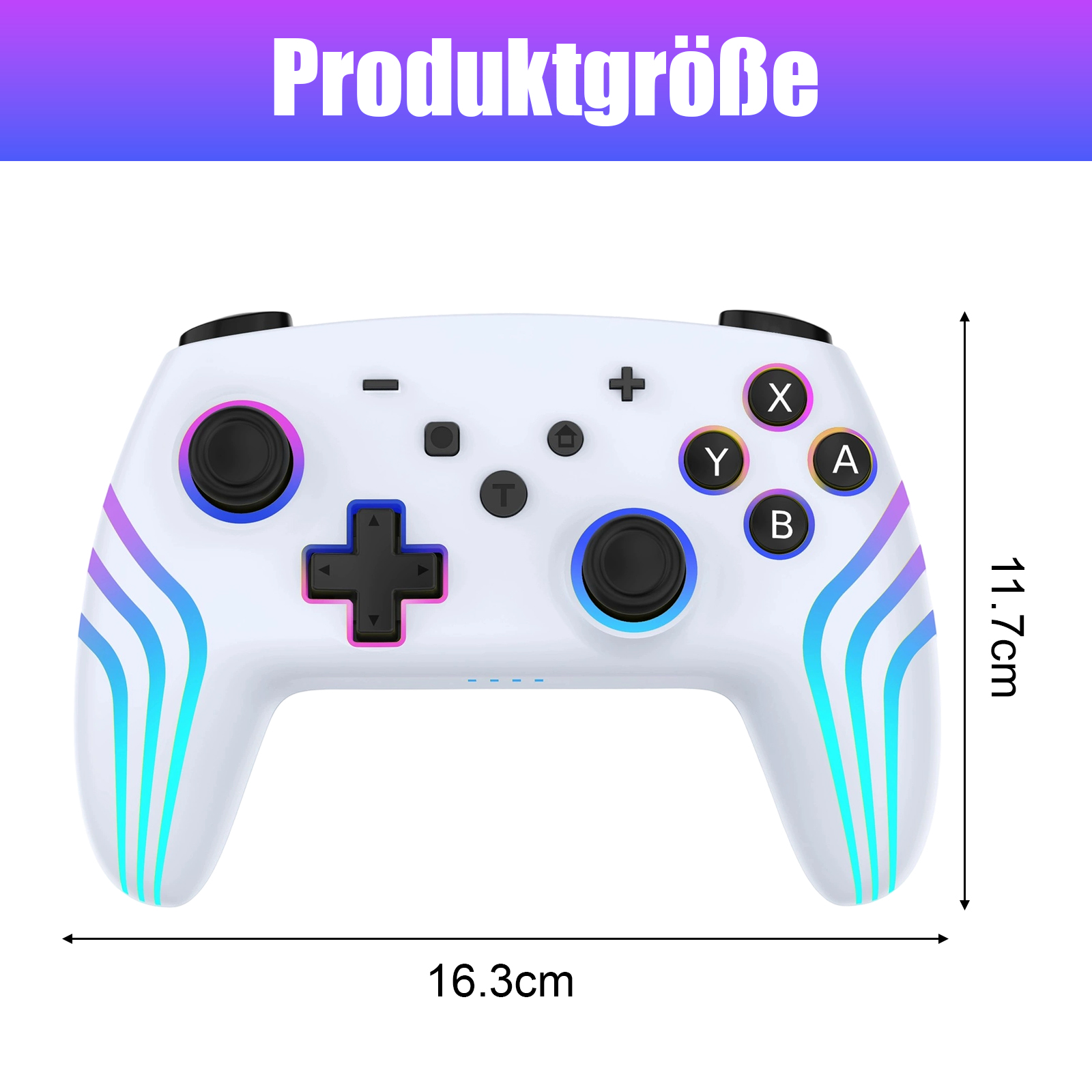 Ein weißer Gamecontroller mit Knöpfen, misst 16,3 cm x 11,7 cm. Der Controller befindet sich auf weißem Hintergrund.