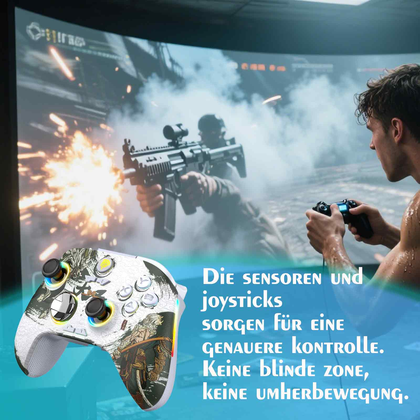 Ein Mann spielt mit einem weißen Gamecontroller. Ein Bildschirm mit einem Videospiel im Hintergrund. Es gibt eine Explosion.