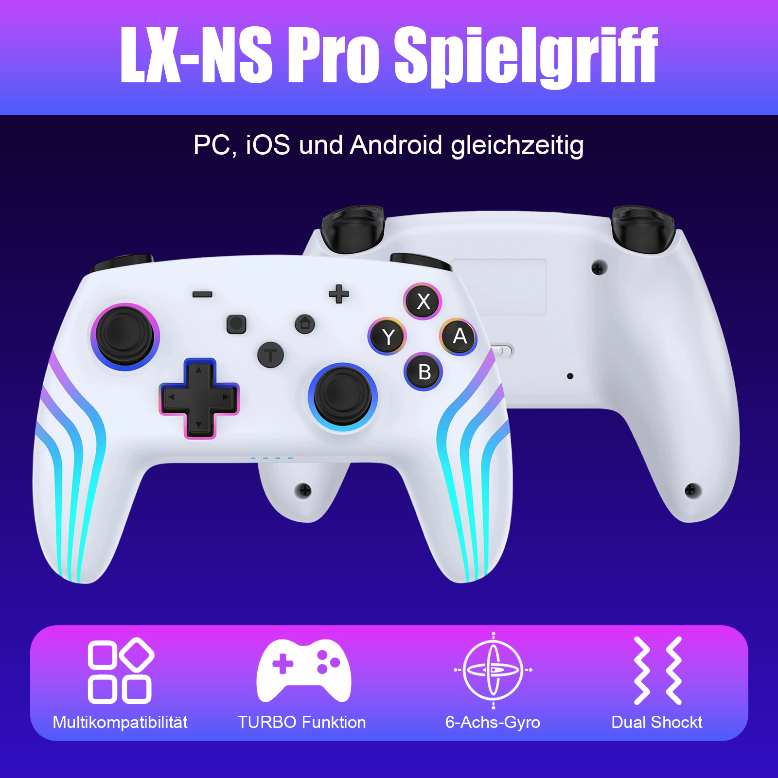 Ein weißer Gamecontroller mit Knöpfen auf der Vorderseite und einer Rückseite mit Text oben. Der Controller liegt auf einem Tisch.