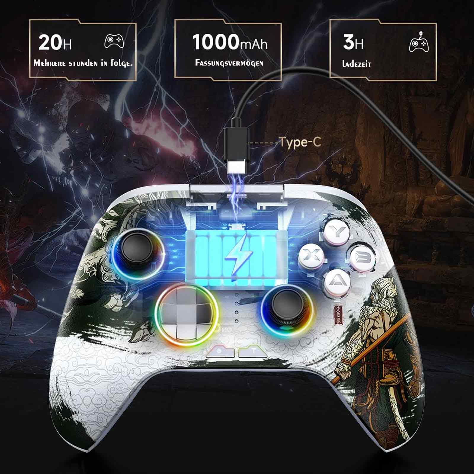 Ein weißer Gamecontroller mit Design, Knöpfen und angeschlossenem Ladekabel. Es gibt einen Hintergrund.