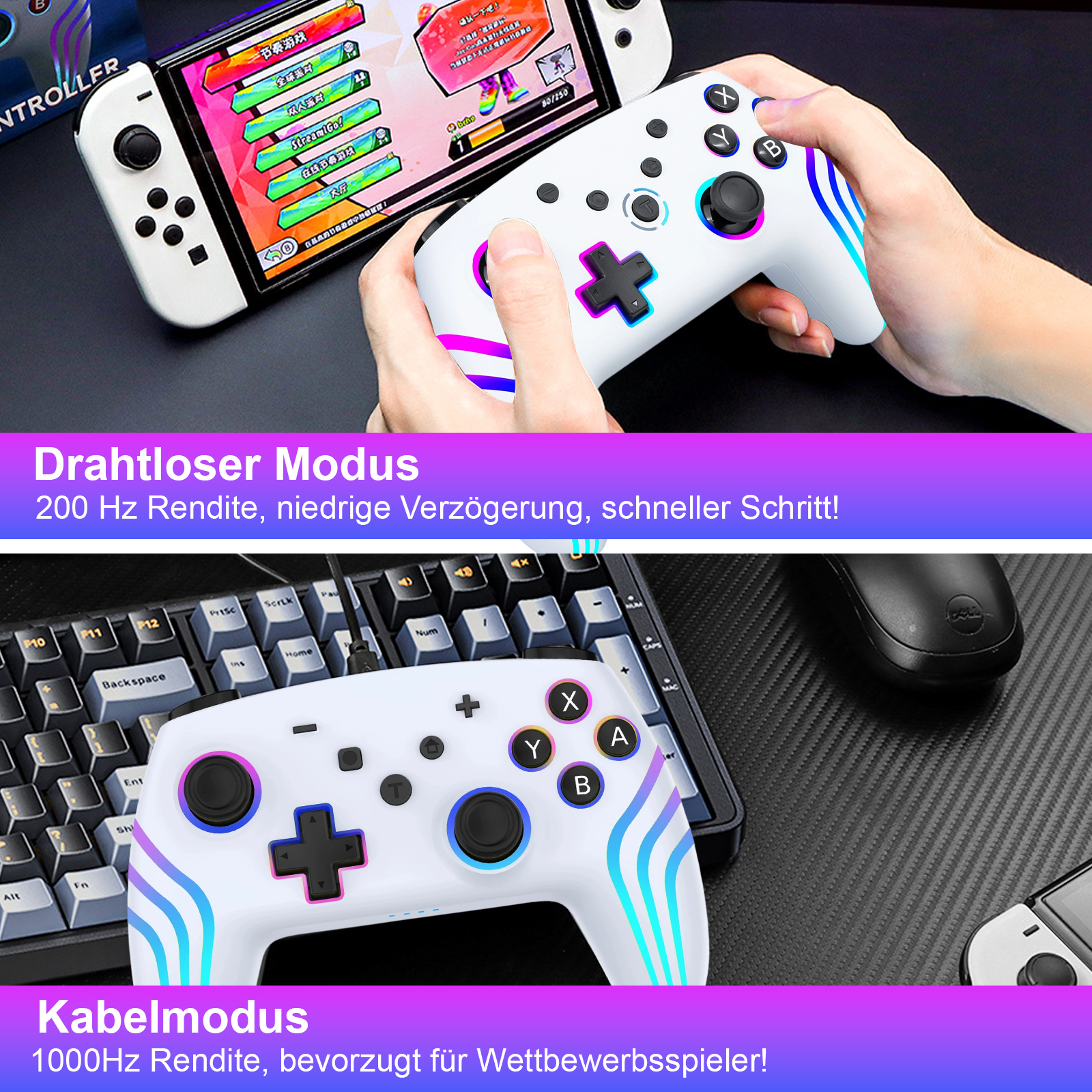Zwei Bilder eines Gamecontrollers. Der Controller ist weiß und hat Knöpfe. Es gibt eine Tastatur und einen Bildschirm.