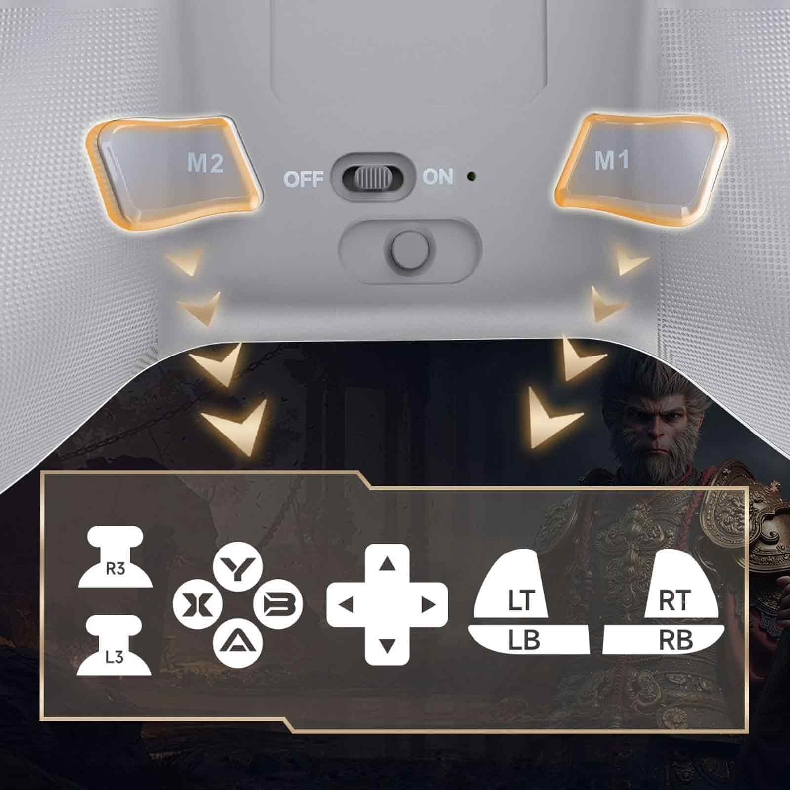 Eine Nahaufnahme der Rückseite eines Gamecontrollers mit Knöpfen und Schaltern. Es gibt ein Design im Hintergrund.