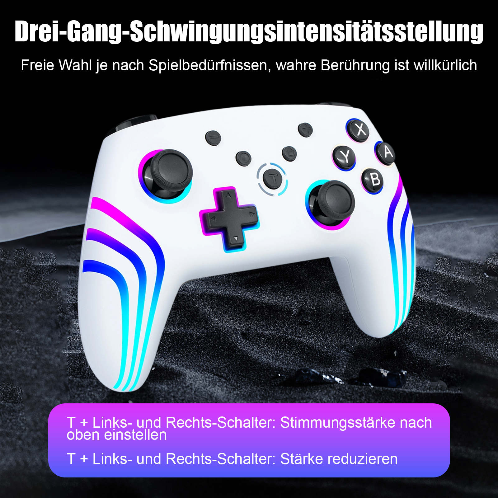 Ein weißer Gamecontroller mit farbigen Lichtakzenten und Tasten, Nahansicht.