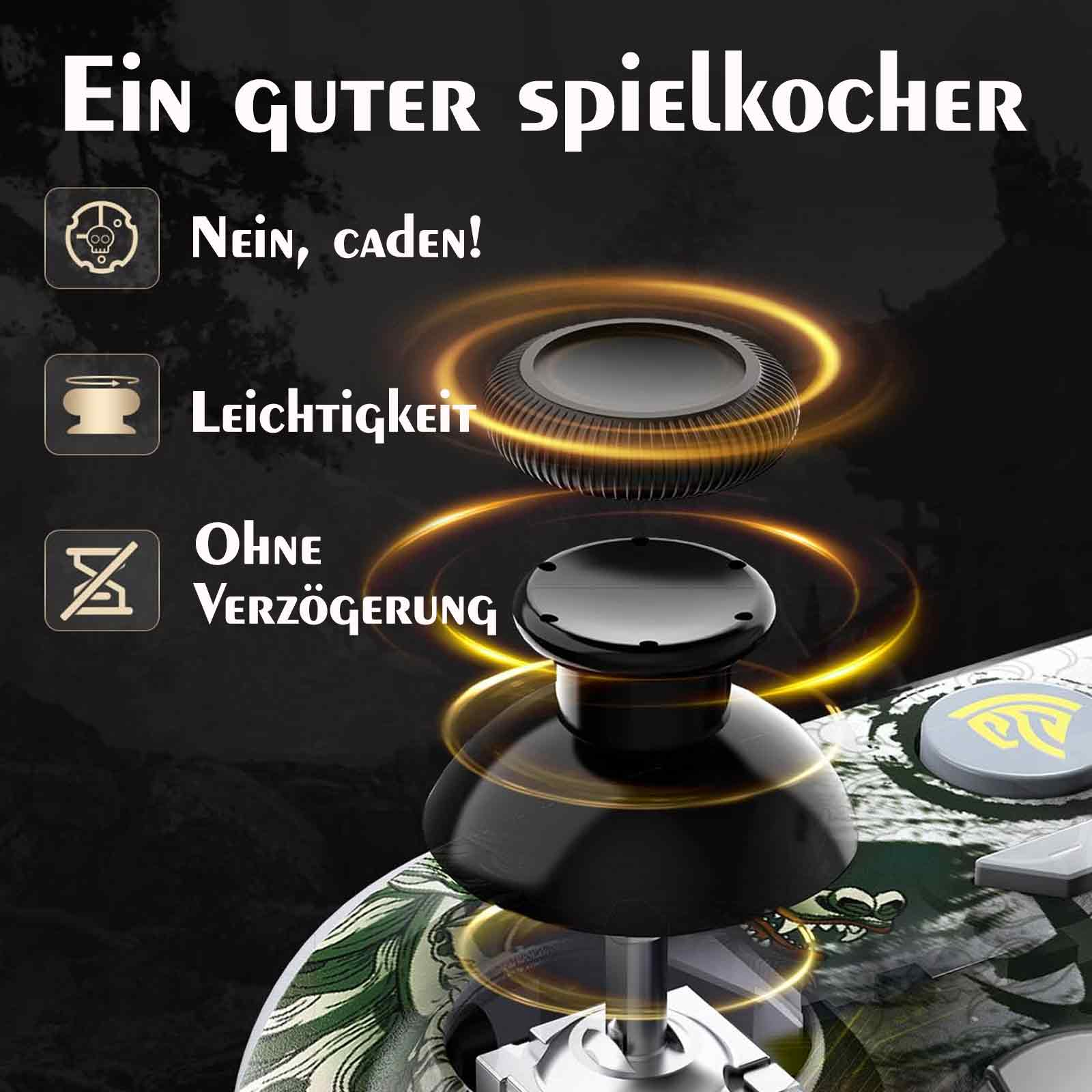 Nahaufnahme eines schwarzen Gamecontrollers mit beleuchteten Tasten und Joystick.