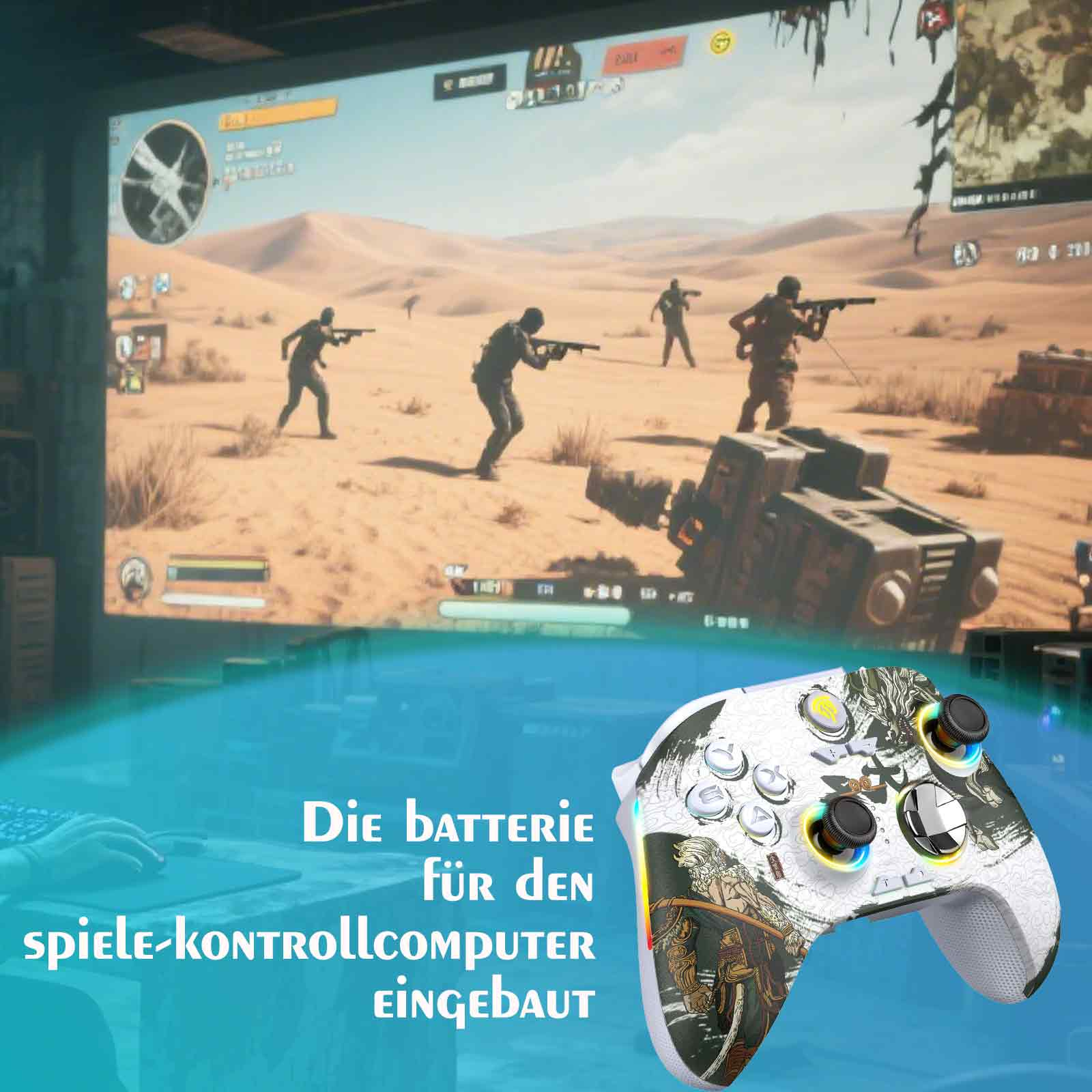 Ein Gaming-Controller mit einer Hintergrundszene aus einem Videospiel, eine Wüstenszene.