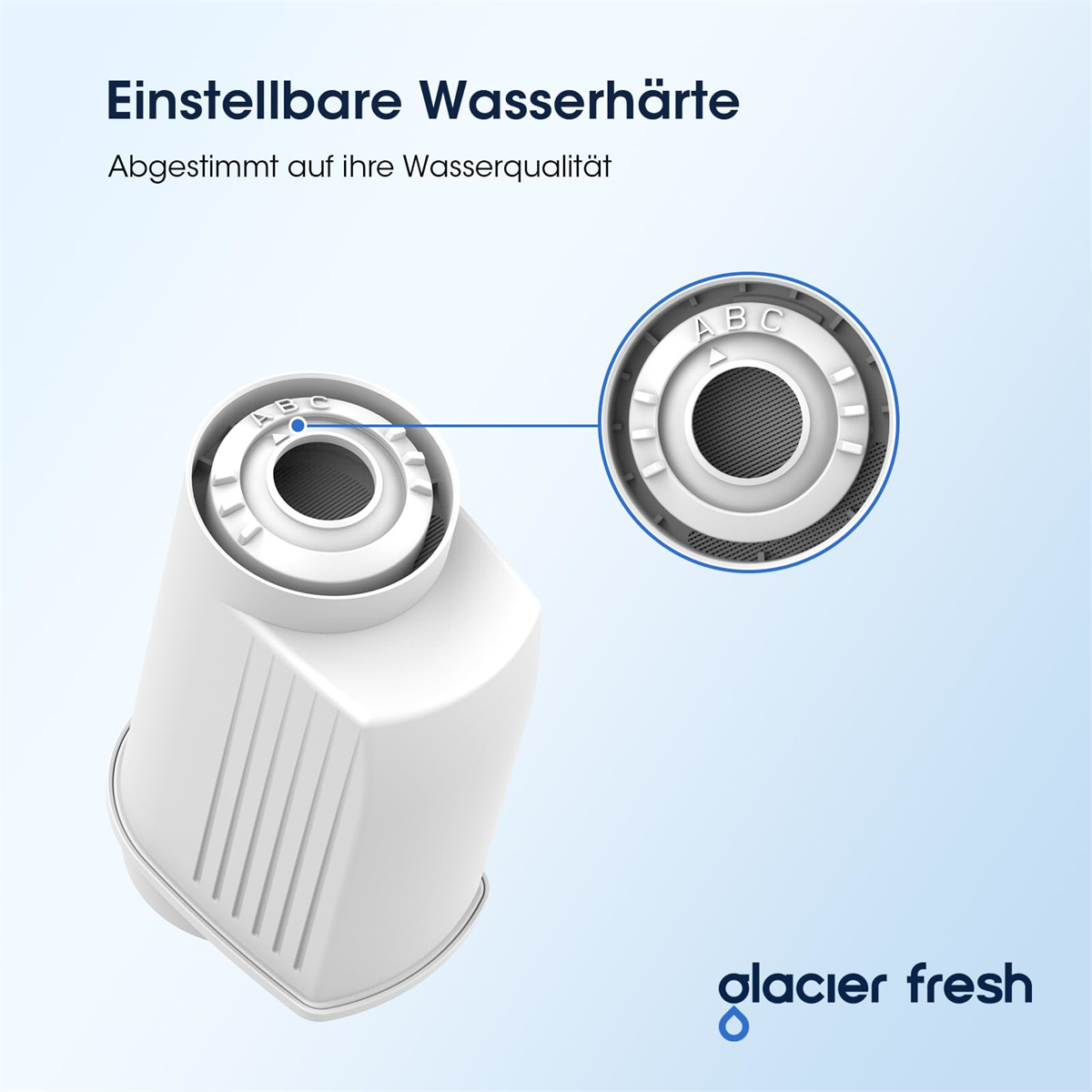 Ein Bild einer Wasserfilterkomponente mit Text. Die Komponente ist weiß und hat ein kreisförmiges Design.