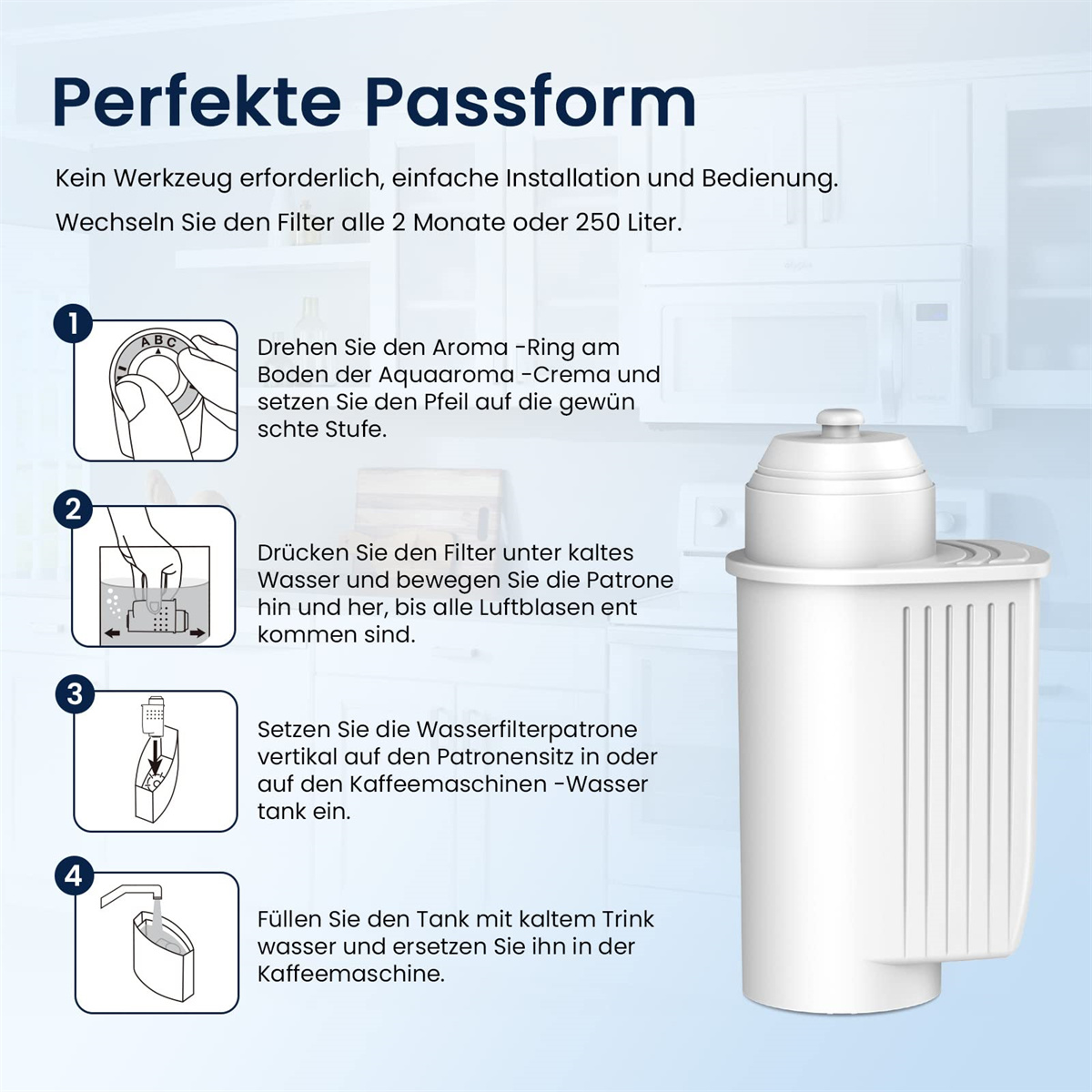 Das Bild zeigt Anweisungen zur Installation eines Wasserfilters mit nummerierten Schritten und begleitenden Diagrammen.