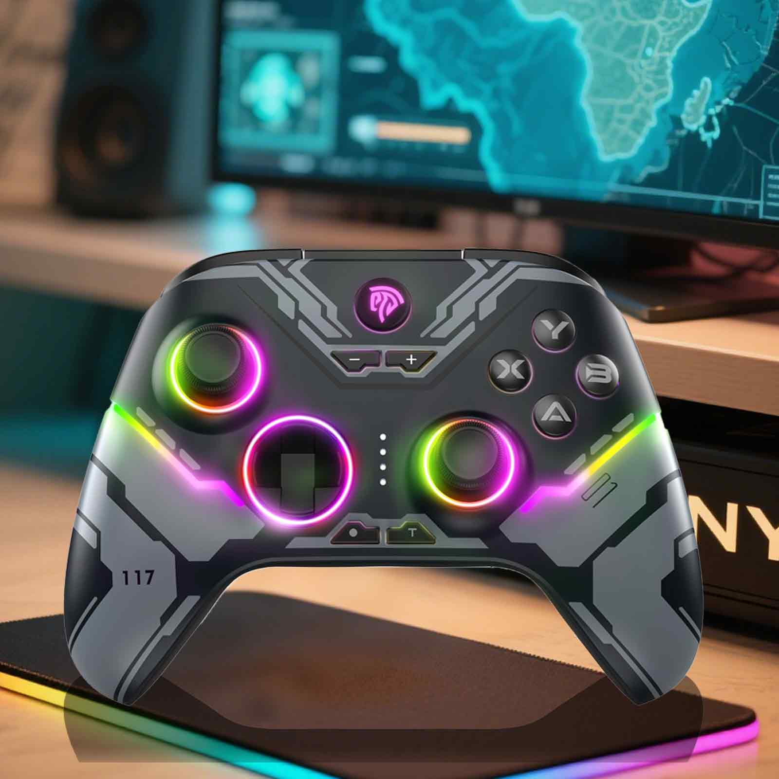 Ein schwarz-grauer Gamecontroller mit beleuchteten Tasten und einem farbenfrohen Lichtring.