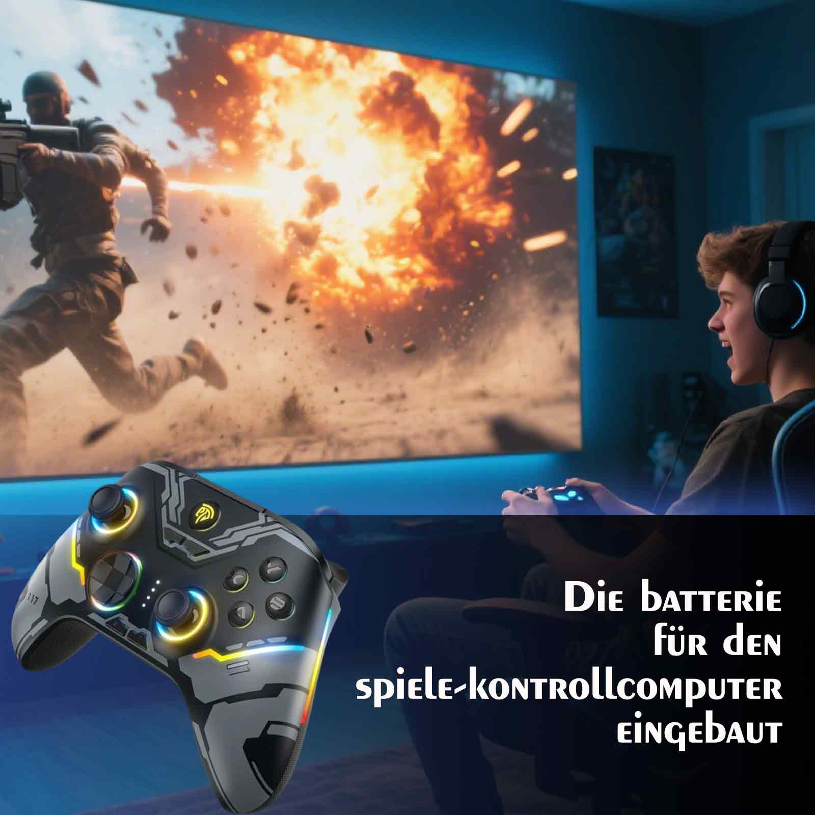 Das Bild zeigt einen Gamecontroller und eine Person, die ein Videospiel auf einem großen Bildschirmfernseher spielt.