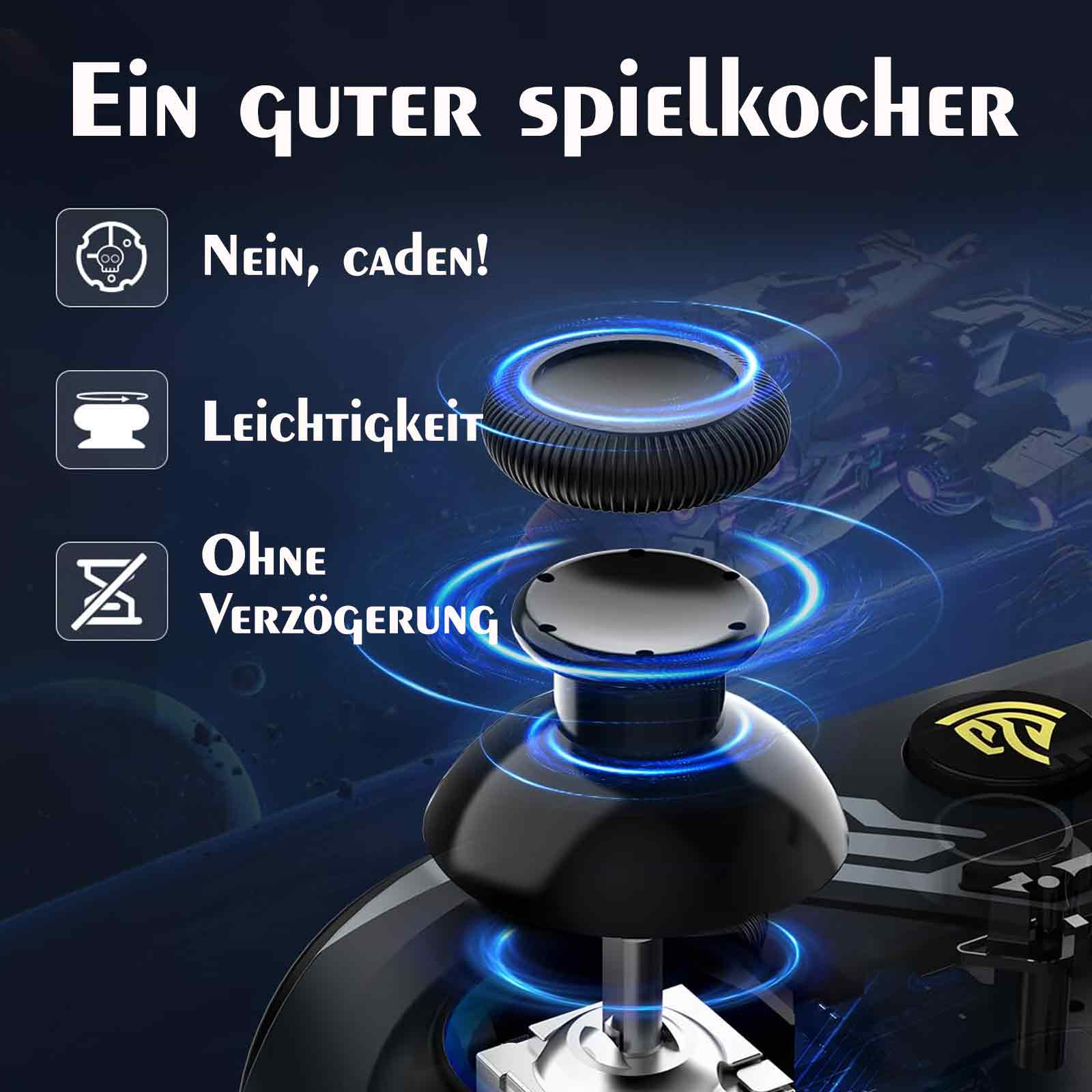 Das Bild zeigt eine Nahaufnahme eines Controller-Sticks, die Präzision und Benutzerfreundlichkeit hervorhebt.