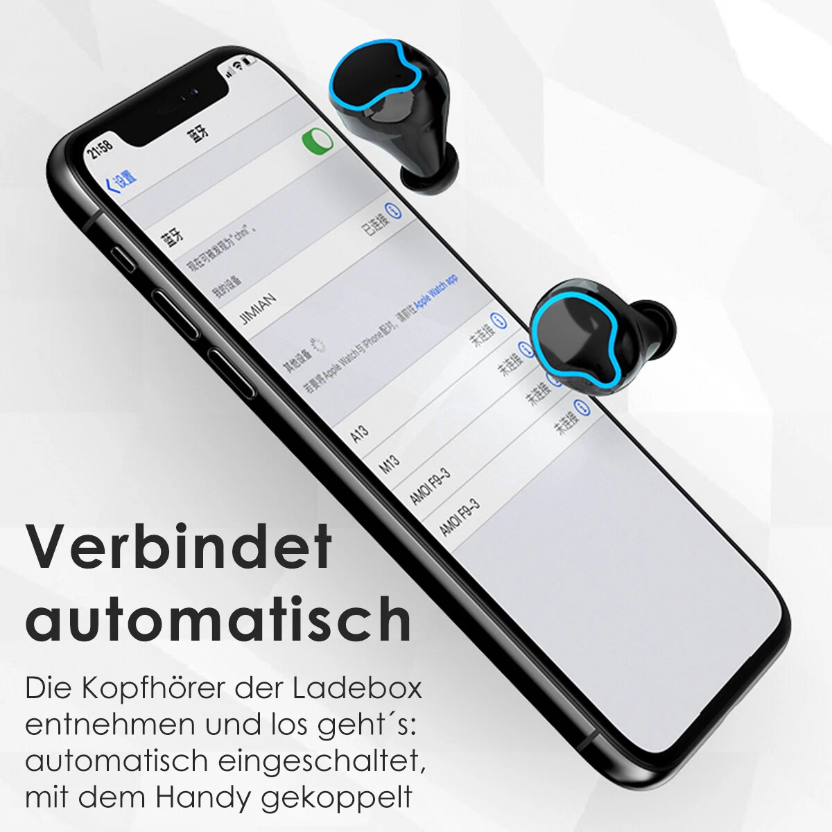 Das Bild zeigt ein Smartphone, das Bluetooth-Einstellungen neben kabellosen Ohrhörern anzeigt.