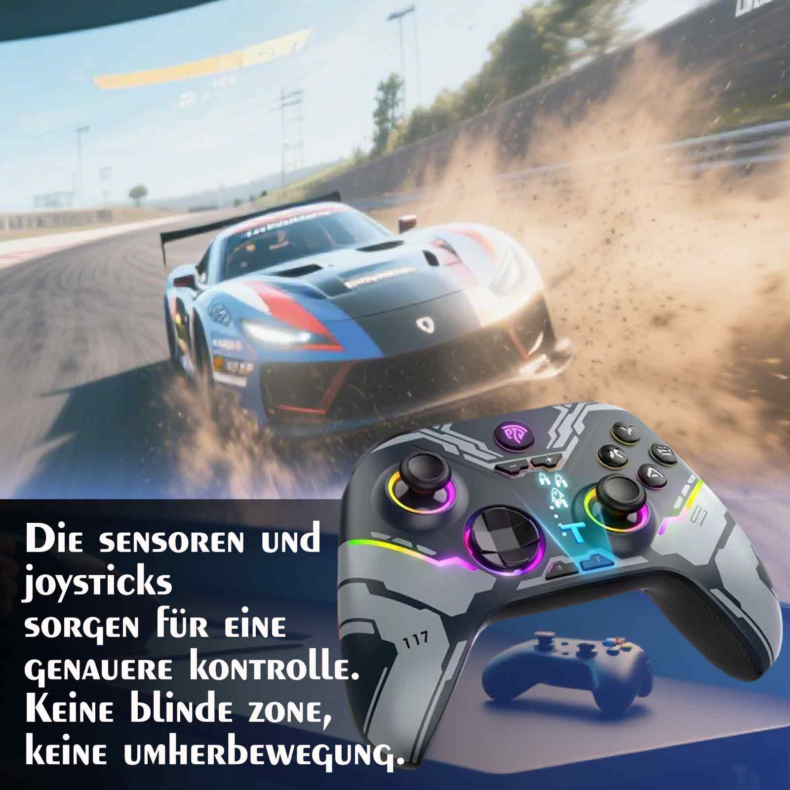 Ein Gamecontroller und ein Rennwagen auf einer Rennstrecke mit einem Hintergrund, der ein Rennen zeigt.