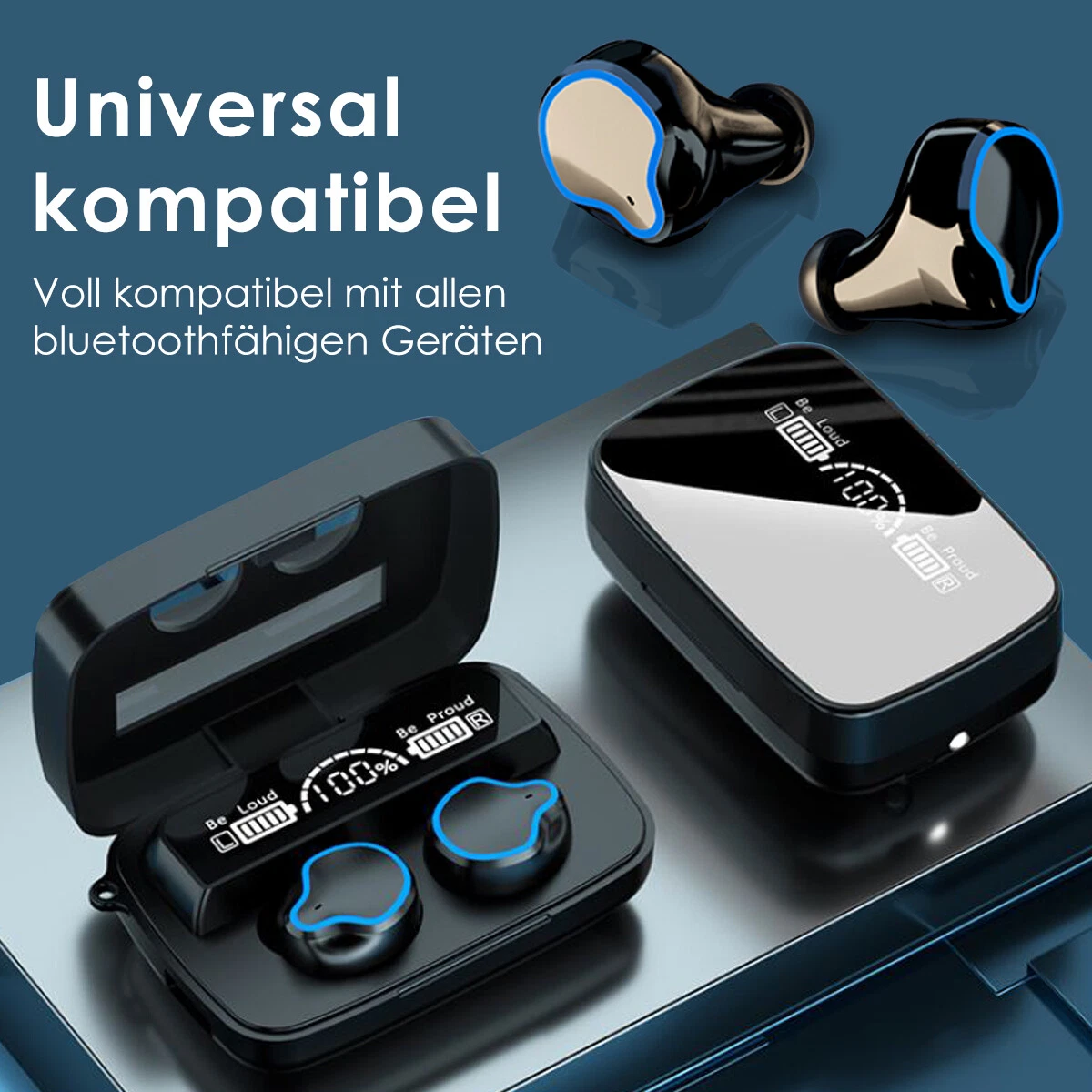 Das Bild zeigt schwarze kabellose Ohrhörer und ein Ladeetui mit digitaler Anzeige.