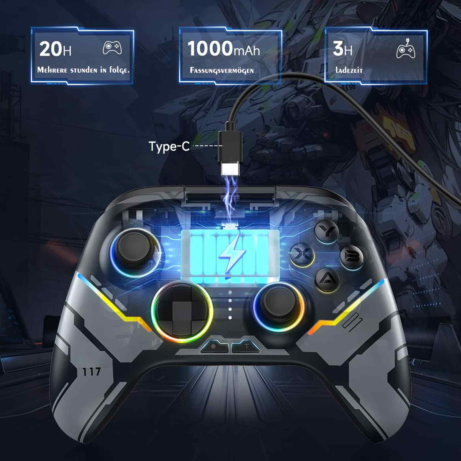 Das Bild zeigt einen transparenten Gamecontroller beim Aufladen, der seine Akkukapazität und Spielzeit hervorhebt.