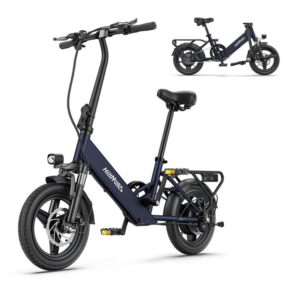 Viene mostrata una bici elettrica pieghevole. È blu scuro, con pneumatici neri, e una versione più piccola è nell'angolo.