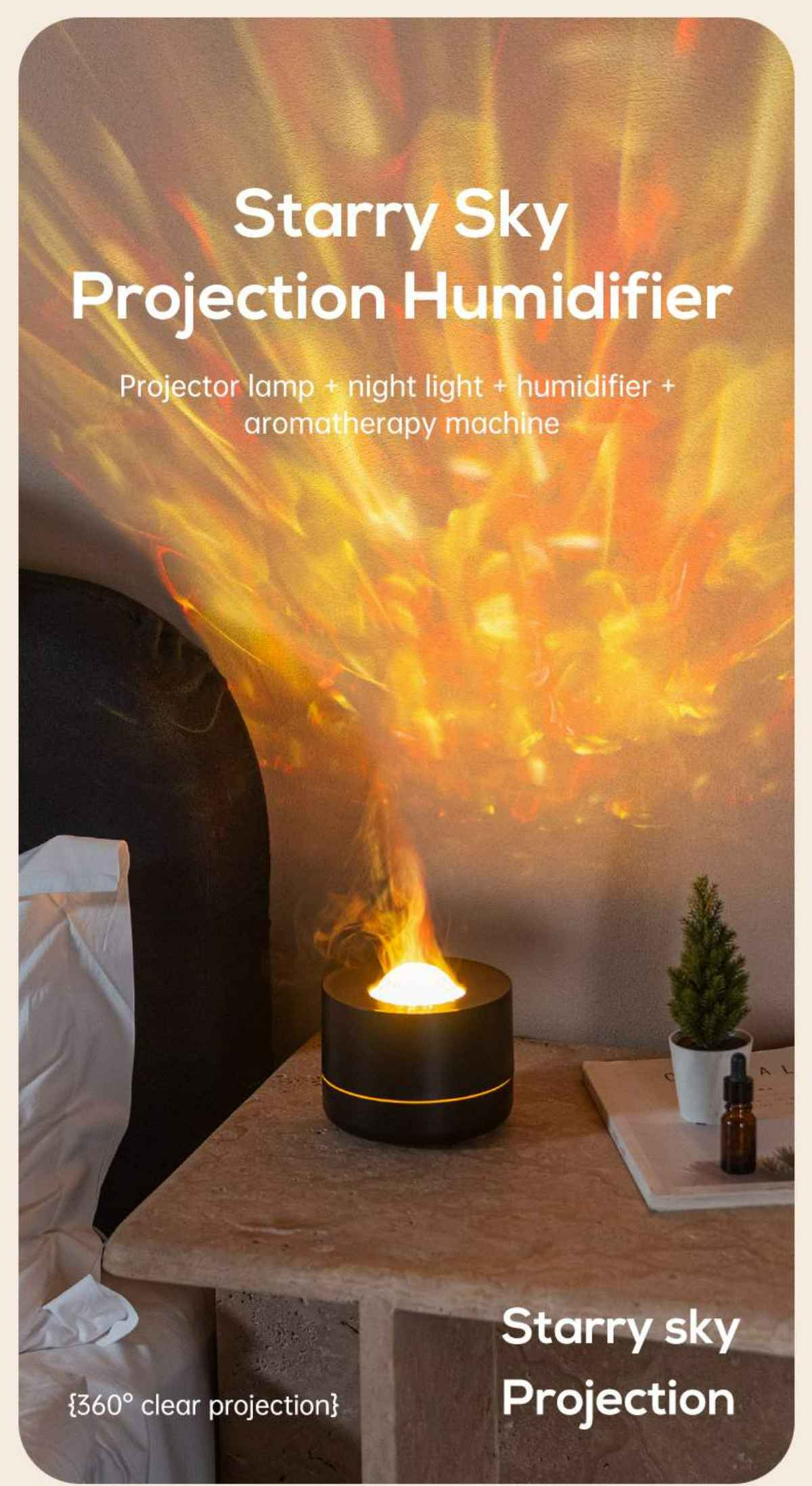 Schwarzer Luftbefeuchter mit Sternenprojektion. Er steht auf einem Tisch mit einer kleinen Pflanze und einer Flasche.