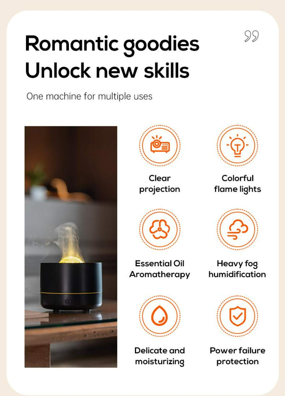 Das Bild zeigt Text und Symbole, die für einen Diffusor mit Aromatherapie-, Befeuchtungs- und Projektionsfunktionen werben.